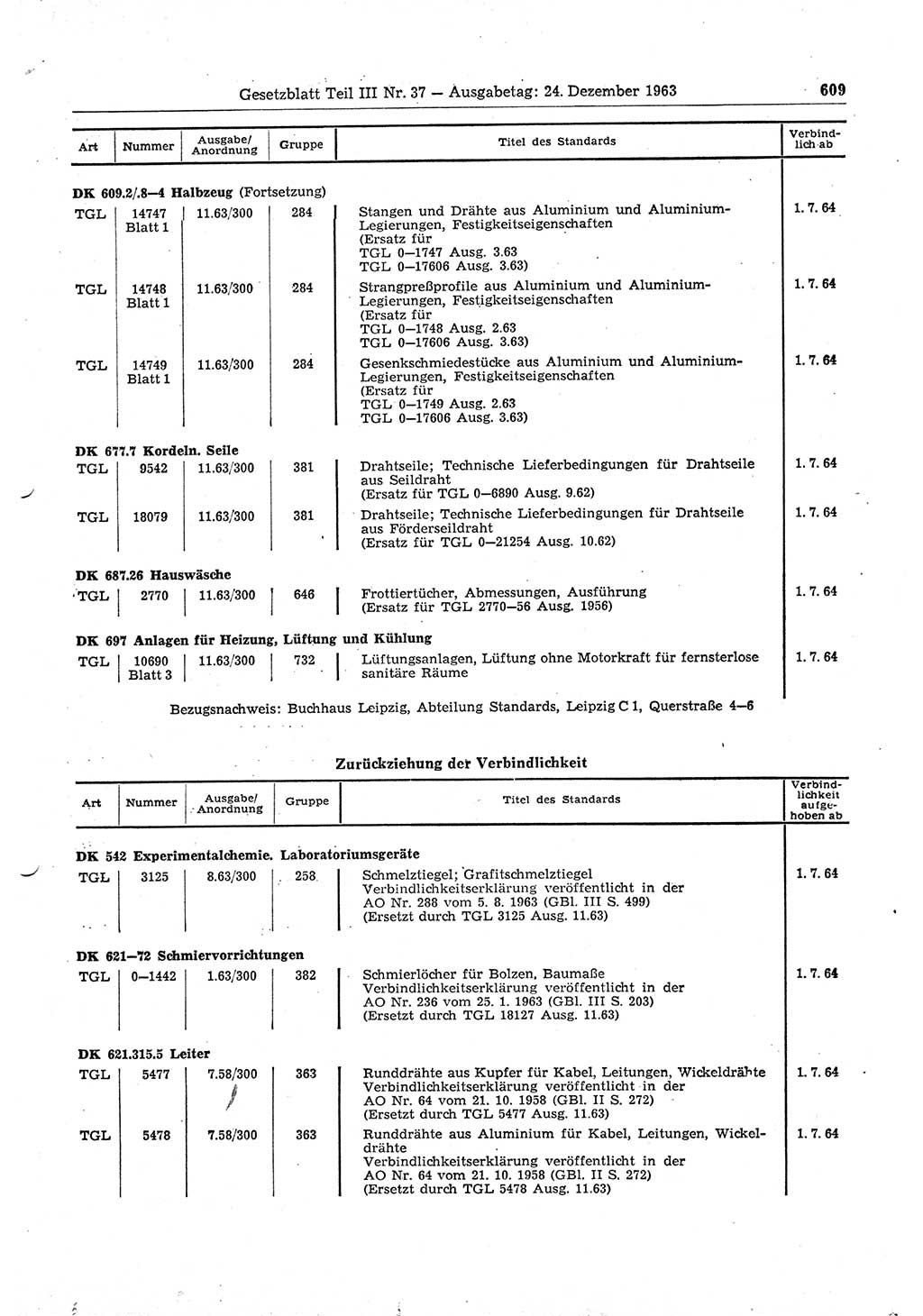 Gesetzblatt (GBl.) der Deutschen Demokratischen Republik (DDR) Teil ⅠⅠⅠ 1963, Seite 609 (GBl. DDR ⅠⅠⅠ 1963, S. 609)