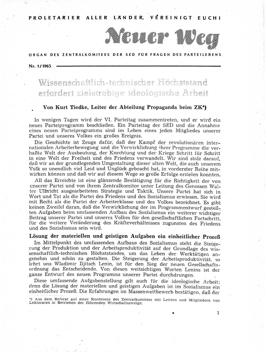 Neuer Weg (NW), Organ des Zentralkomitees (ZK) der SED (Sozialistische Einheitspartei Deutschlands) für Fragen des Parteilebens, 18. Jahrgang [Deutsche Demokratische Republik (DDR)] 1963, Seite 1 (NW ZK SED DDR 1963, S. 1)