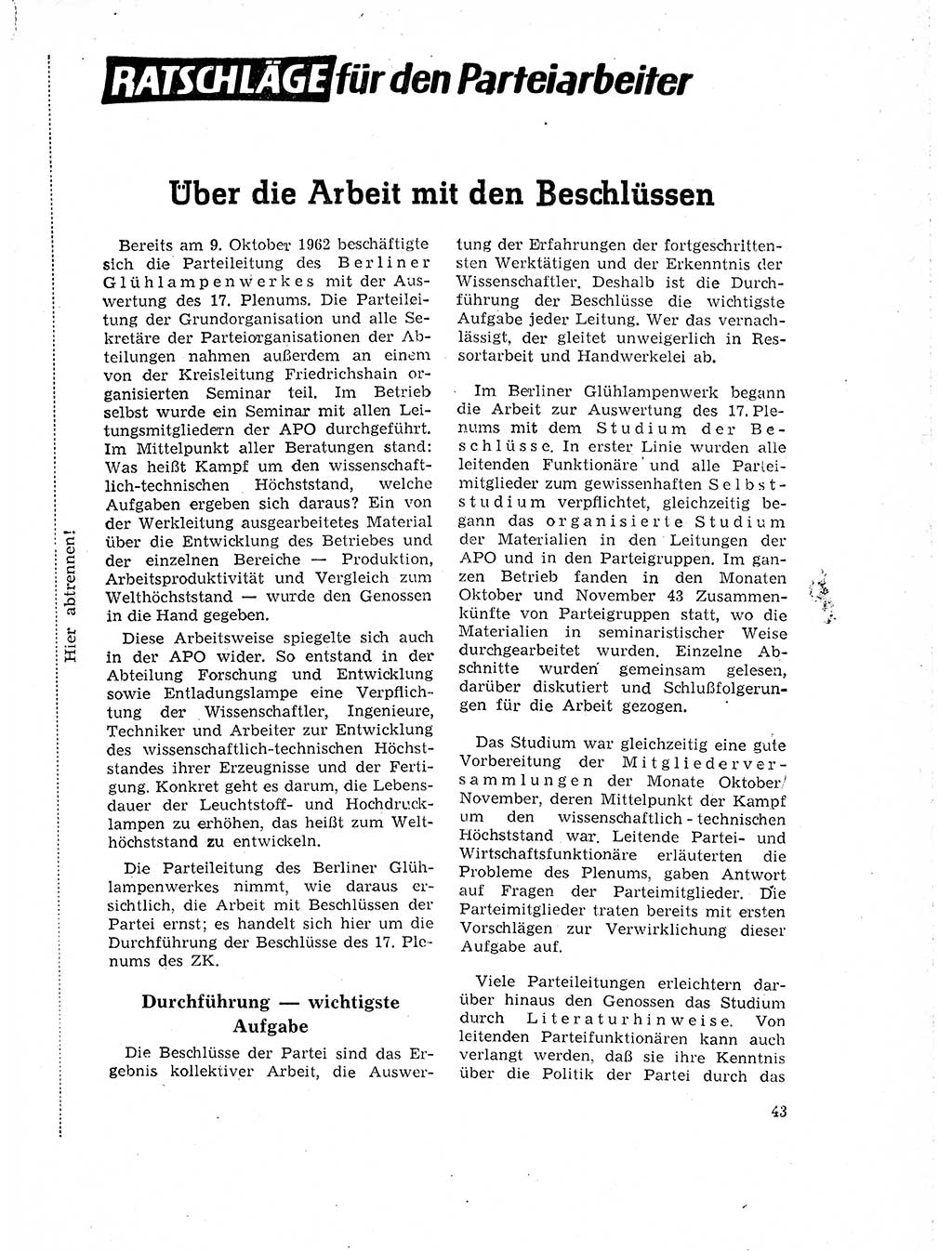 Neuer Weg (NW), Organ des Zentralkomitees (ZK) der SED (Sozialistische Einheitspartei Deutschlands) für Fragen des Parteilebens, 18. Jahrgang [Deutsche Demokratische Republik (DDR)] 1963, Seite 43 (NW ZK SED DDR 1963, S. 43)