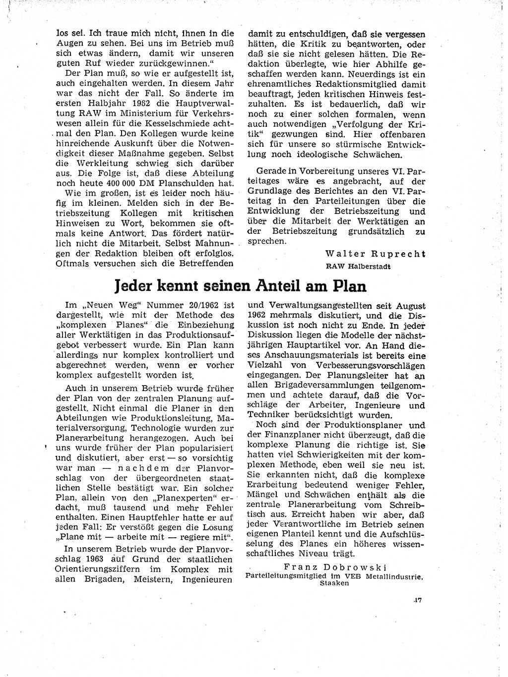 Neuer Weg (NW), Organ des Zentralkomitees (ZK) der SED (Sozialistische Einheitspartei Deutschlands) für Fragen des Parteilebens, 18. Jahrgang [Deutsche Demokratische Republik (DDR)] 1963, Seite 47 (NW ZK SED DDR 1963, S. 47)