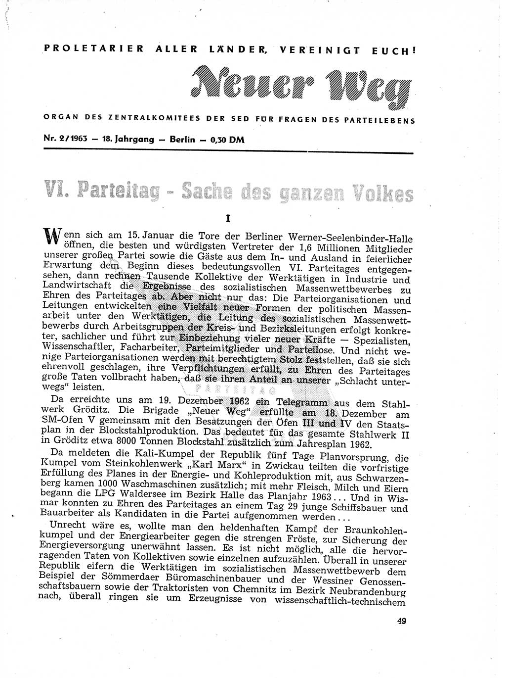 Neuer Weg (NW), Organ des Zentralkomitees (ZK) der SED (Sozialistische Einheitspartei Deutschlands) für Fragen des Parteilebens, 18. Jahrgang [Deutsche Demokratische Republik (DDR)] 1963, Seite 49 (NW ZK SED DDR 1963, S. 49)