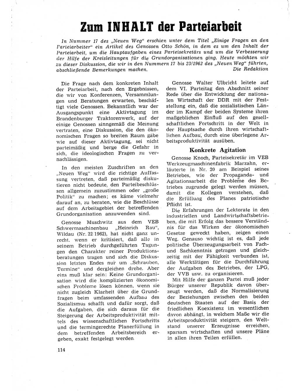 Neuer Weg (NW), Organ des Zentralkomitees (ZK) der SED (Sozialistische Einheitspartei Deutschlands) für Fragen des Parteilebens, 18. Jahrgang [Deutsche Demokratische Republik (DDR)] 1963, Seite 114 (NW ZK SED DDR 1963, S. 114)