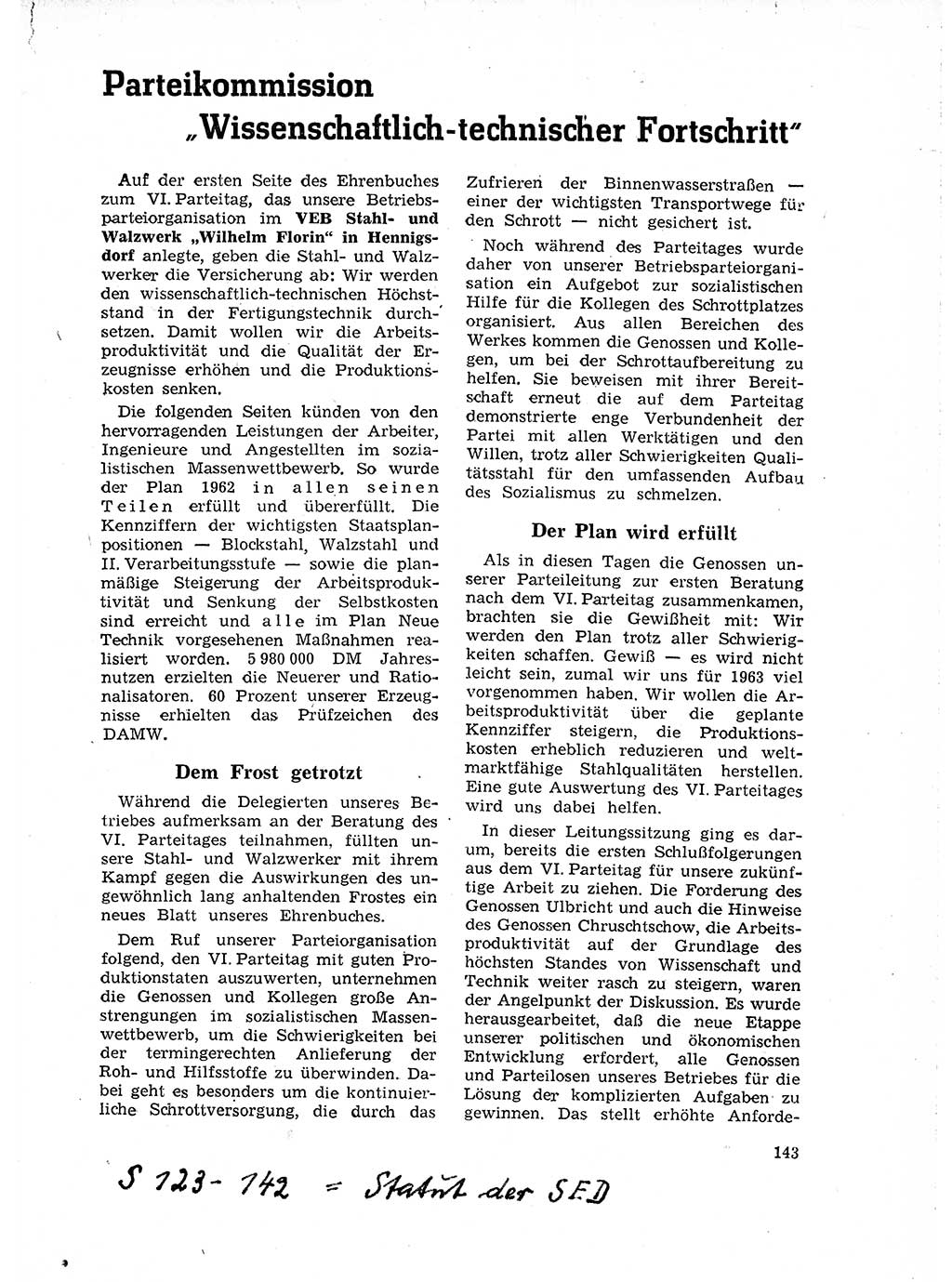 Neuer Weg (NW), Organ des Zentralkomitees (ZK) der SED (Sozialistische Einheitspartei Deutschlands) für Fragen des Parteilebens, 18. Jahrgang [Deutsche Demokratische Republik (DDR)] 1963, Seite 143 (NW ZK SED DDR 1963, S. 143)