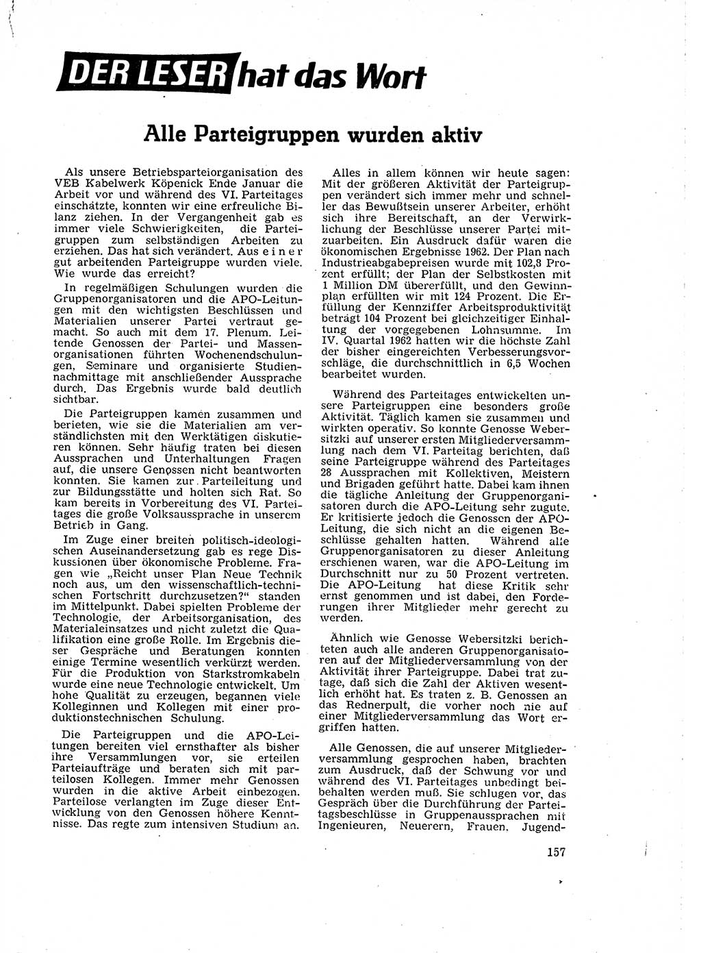 Neuer Weg (NW), Organ des Zentralkomitees (ZK) der SED (Sozialistische Einheitspartei Deutschlands) fÃ¼r Fragen des Parteilebens, 18. Jahrgang [Deutsche Demokratische Republik (DDR)] 1963, Seite 157 (NW ZK SED DDR 1963, S. 157)