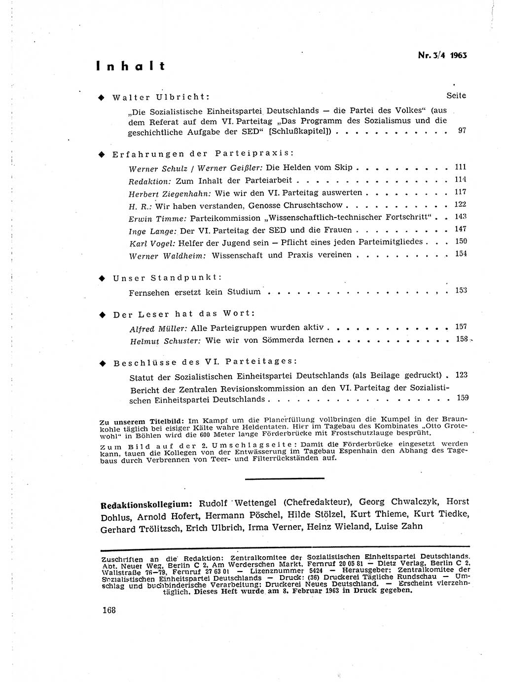 Neuer Weg (NW), Organ des Zentralkomitees (ZK) der SED (Sozialistische Einheitspartei Deutschlands) für Fragen des Parteilebens, 18. Jahrgang [Deutsche Demokratische Republik (DDR)] 1963, Seite 168 (NW ZK SED DDR 1963, S. 168)