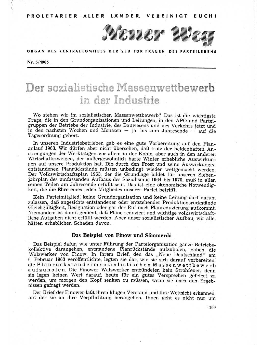 Neuer Weg (NW), Organ des Zentralkomitees (ZK) der SED (Sozialistische Einheitspartei Deutschlands) für Fragen des Parteilebens, 18. Jahrgang [Deutsche Demokratische Republik (DDR)] 1963, Seite 169 (NW ZK SED DDR 1963, S. 169)