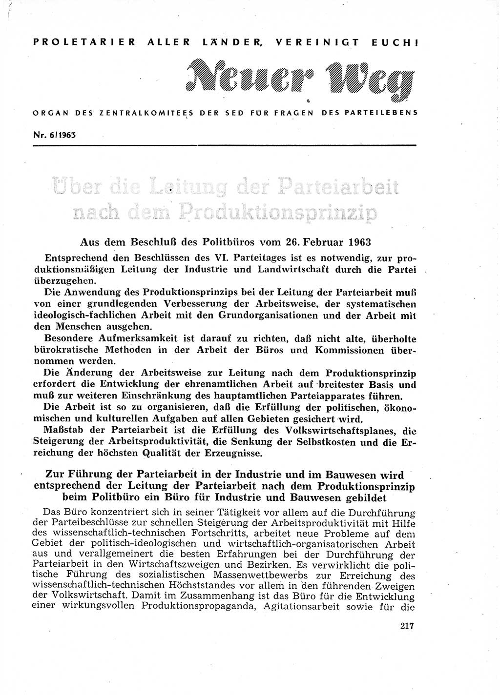 Neuer Weg (NW), Organ des Zentralkomitees (ZK) der SED (Sozialistische Einheitspartei Deutschlands) für Fragen des Parteilebens, 18. Jahrgang [Deutsche Demokratische Republik (DDR)] 1963, Seite 217 (NW ZK SED DDR 1963, S. 217)