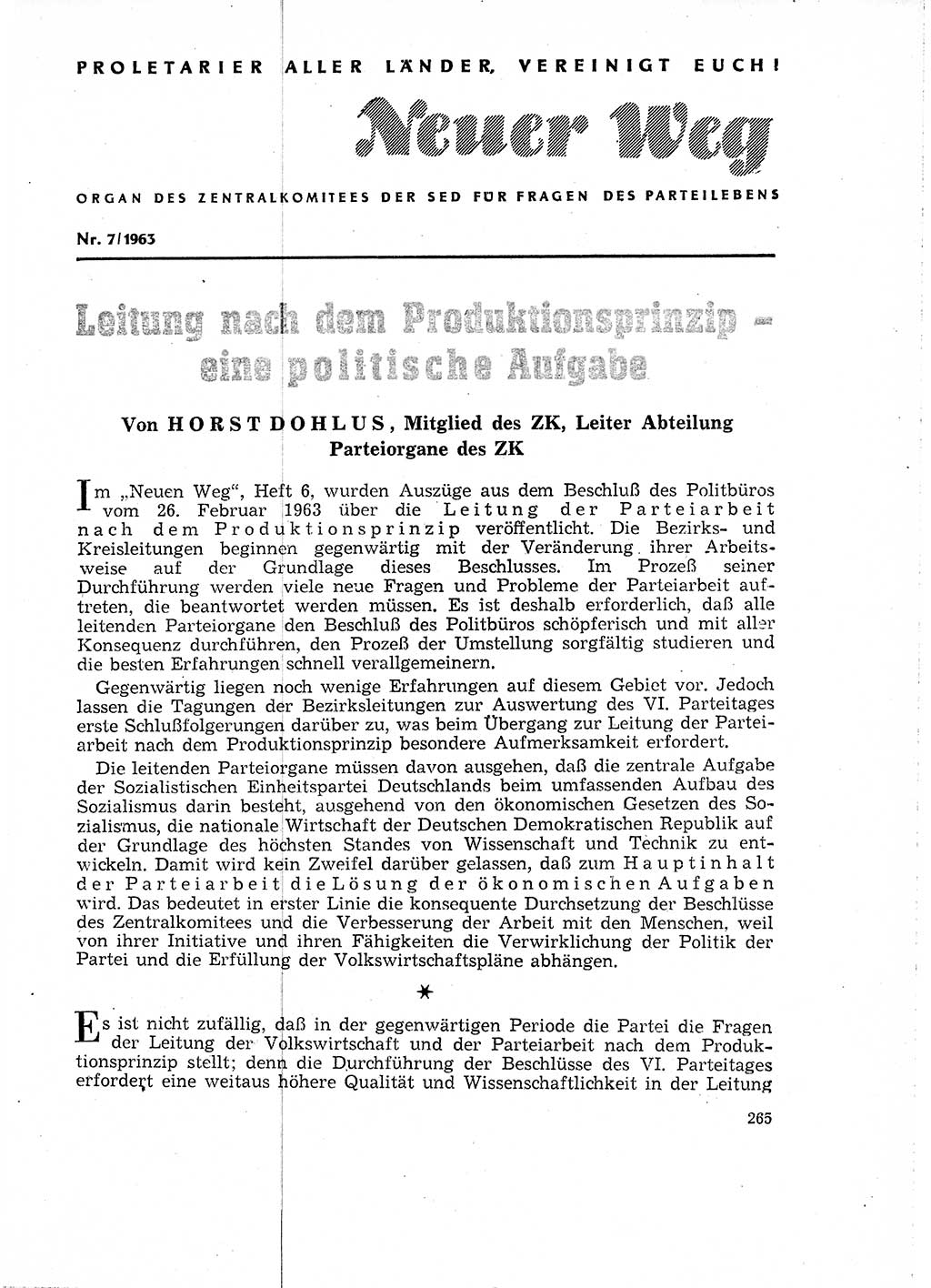 Neuer Weg (NW), Organ des Zentralkomitees (ZK) der SED (Sozialistische Einheitspartei Deutschlands) für Fragen des Parteilebens, 18. Jahrgang [Deutsche Demokratische Republik (DDR)] 1963, Seite 265 (NW ZK SED DDR 1963, S. 265)
