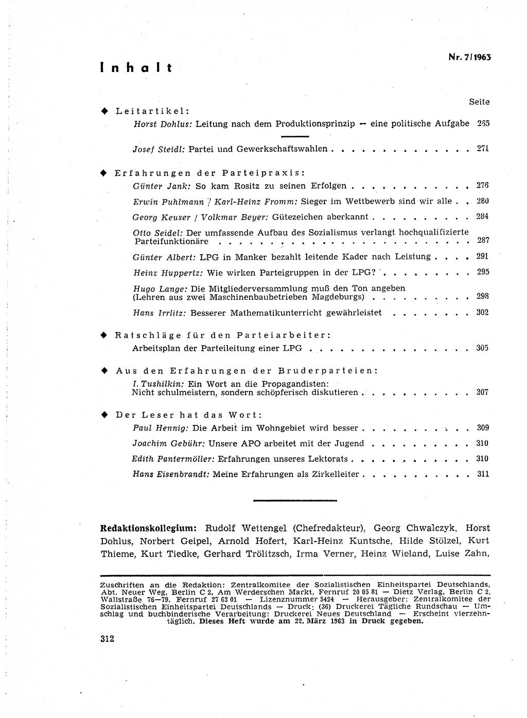 Neuer Weg (NW), Organ des Zentralkomitees (ZK) der SED (Sozialistische Einheitspartei Deutschlands) für Fragen des Parteilebens, 18. Jahrgang [Deutsche Demokratische Republik (DDR)] 1963, Seite 312 (NW ZK SED DDR 1963, S. 312)