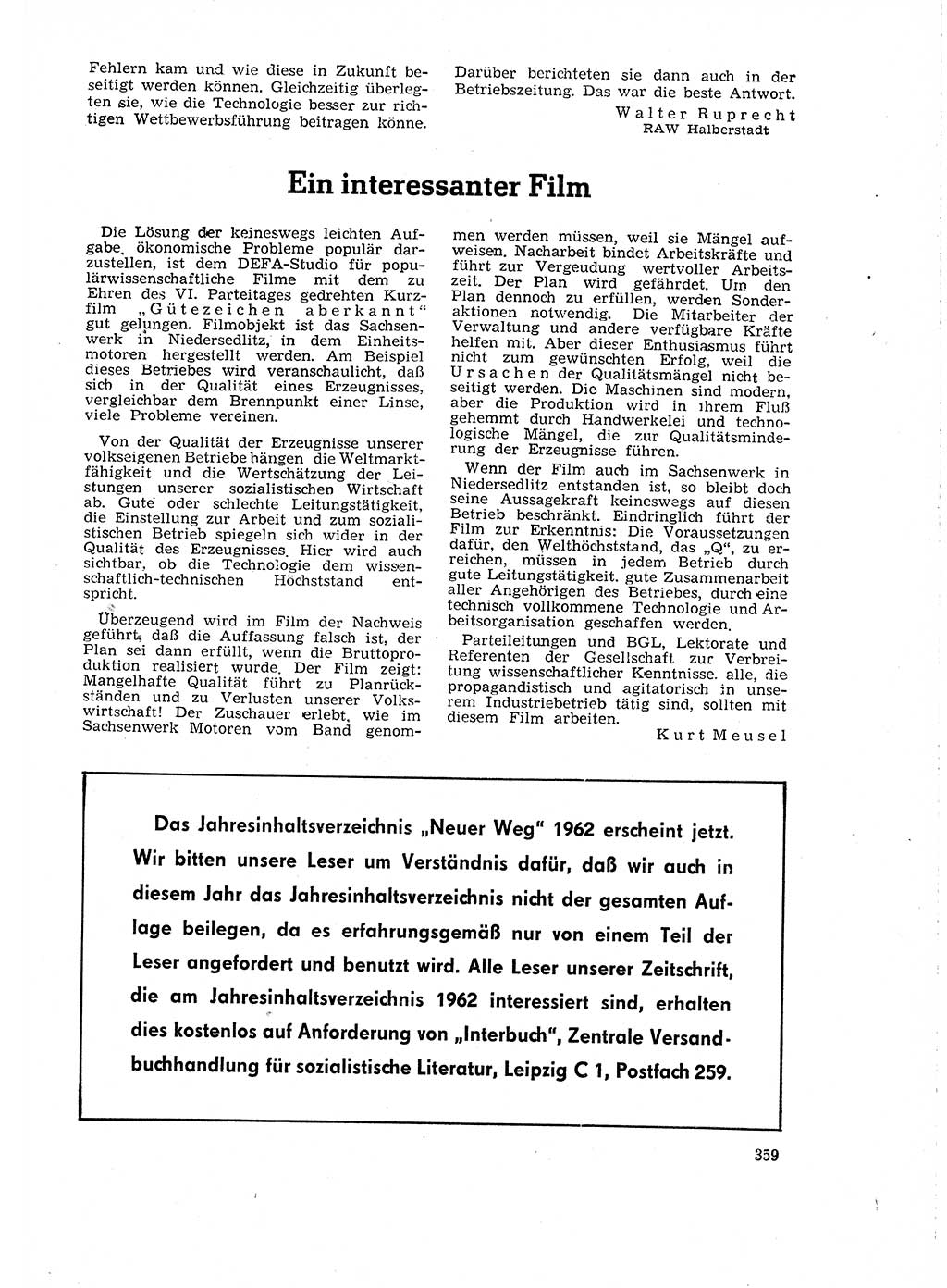Neuer Weg (NW), Organ des Zentralkomitees (ZK) der SED (Sozialistische Einheitspartei Deutschlands) für Fragen des Parteilebens, 18. Jahrgang [Deutsche Demokratische Republik (DDR)] 1963, Seite 359 (NW ZK SED DDR 1963, S. 359)