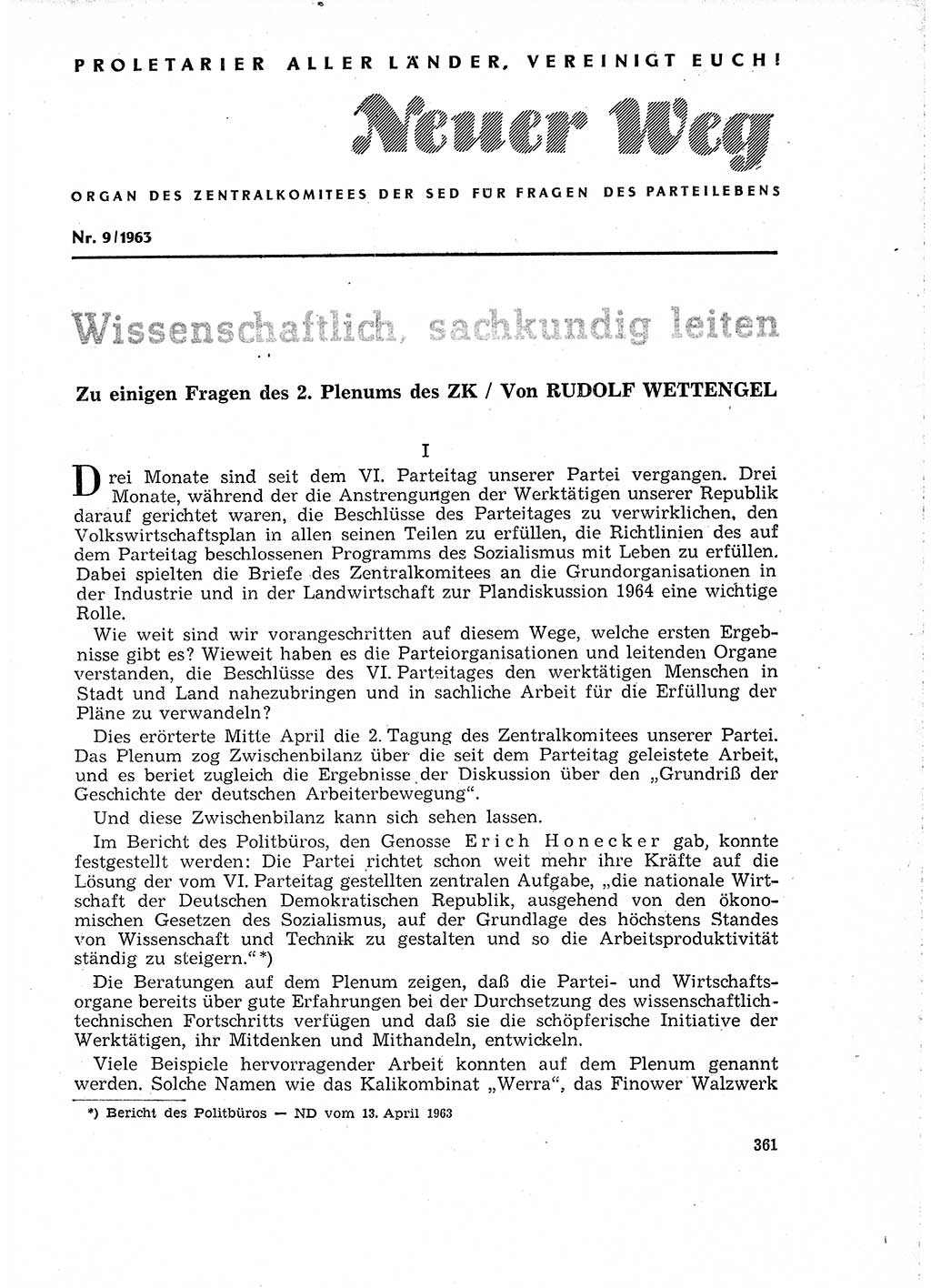 Neuer Weg (NW), Organ des Zentralkomitees (ZK) der SED (Sozialistische Einheitspartei Deutschlands) für Fragen des Parteilebens, 18. Jahrgang [Deutsche Demokratische Republik (DDR)] 1963, Seite 361 (NW ZK SED DDR 1963, S. 361)