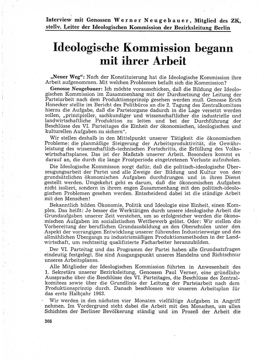 Neuer Weg (NW), Organ des Zentralkomitees (ZK) der SED (Sozialistische Einheitspartei Deutschlands) für Fragen des Parteilebens, 18. Jahrgang [Deutsche Demokratische Republik (DDR)] 1963, Seite 366 (NW ZK SED DDR 1963, S. 366)