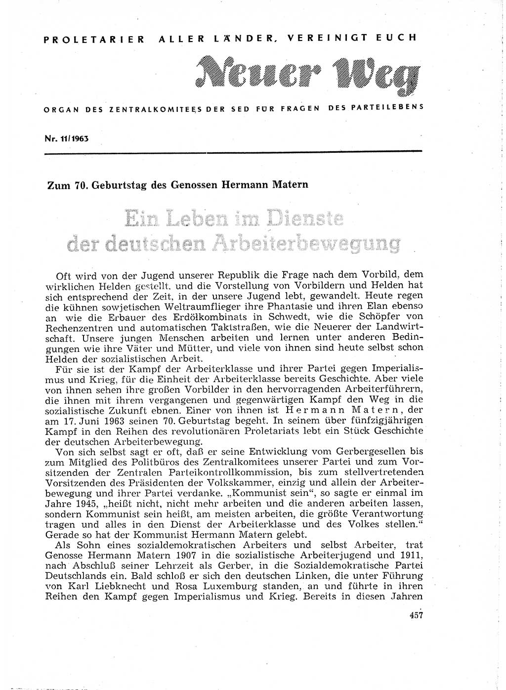 Neuer Weg (NW), Organ des Zentralkomitees (ZK) der SED (Sozialistische Einheitspartei Deutschlands) für Fragen des Parteilebens, 18. Jahrgang [Deutsche Demokratische Republik (DDR)] 1963, Seite 457 (NW ZK SED DDR 1963, S. 457)