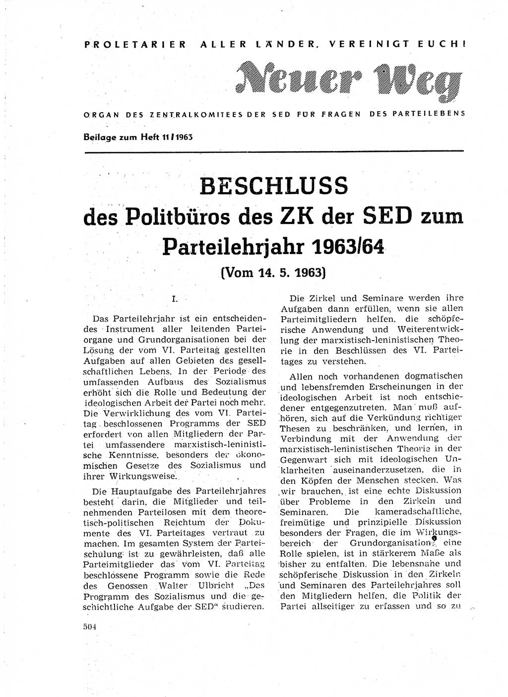 Neuer Weg (NW), Organ des Zentralkomitees (ZK) der SED (Sozialistische Einheitspartei Deutschlands) für Fragen des Parteilebens, 18. Jahrgang [Deutsche Demokratische Republik (DDR)] 1963, Seite 504 (NW ZK SED DDR 1963, S. 504)