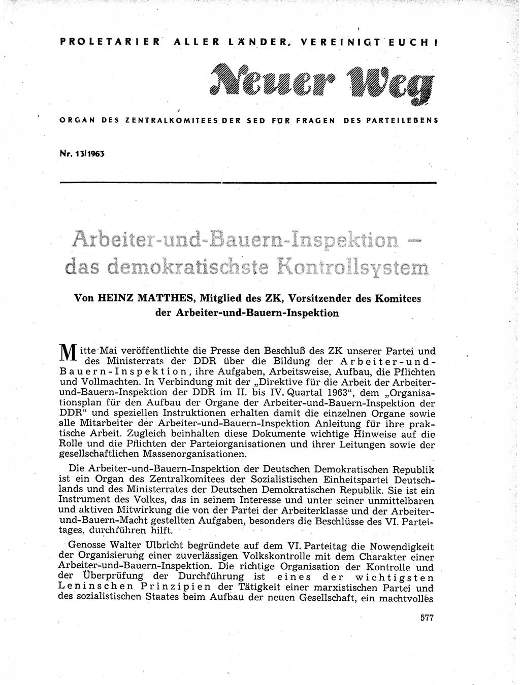 Neuer Weg (NW), Organ des Zentralkomitees (ZK) der SED (Sozialistische Einheitspartei Deutschlands) für Fragen des Parteilebens, 18. Jahrgang [Deutsche Demokratische Republik (DDR)] 1963, Seite 577 (NW ZK SED DDR 1963, S. 577)