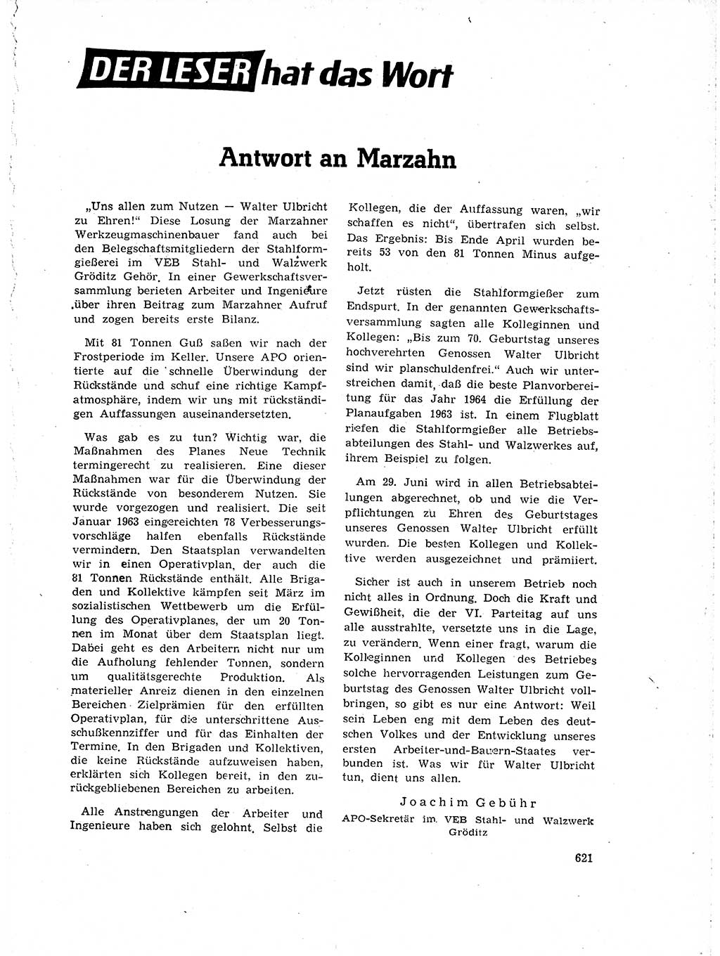 Neuer Weg (NW), Organ des Zentralkomitees (ZK) der SED (Sozialistische Einheitspartei Deutschlands) für Fragen des Parteilebens, 18. Jahrgang [Deutsche Demokratische Republik (DDR)] 1963, Seite 621 (NW ZK SED DDR 1963, S. 621)