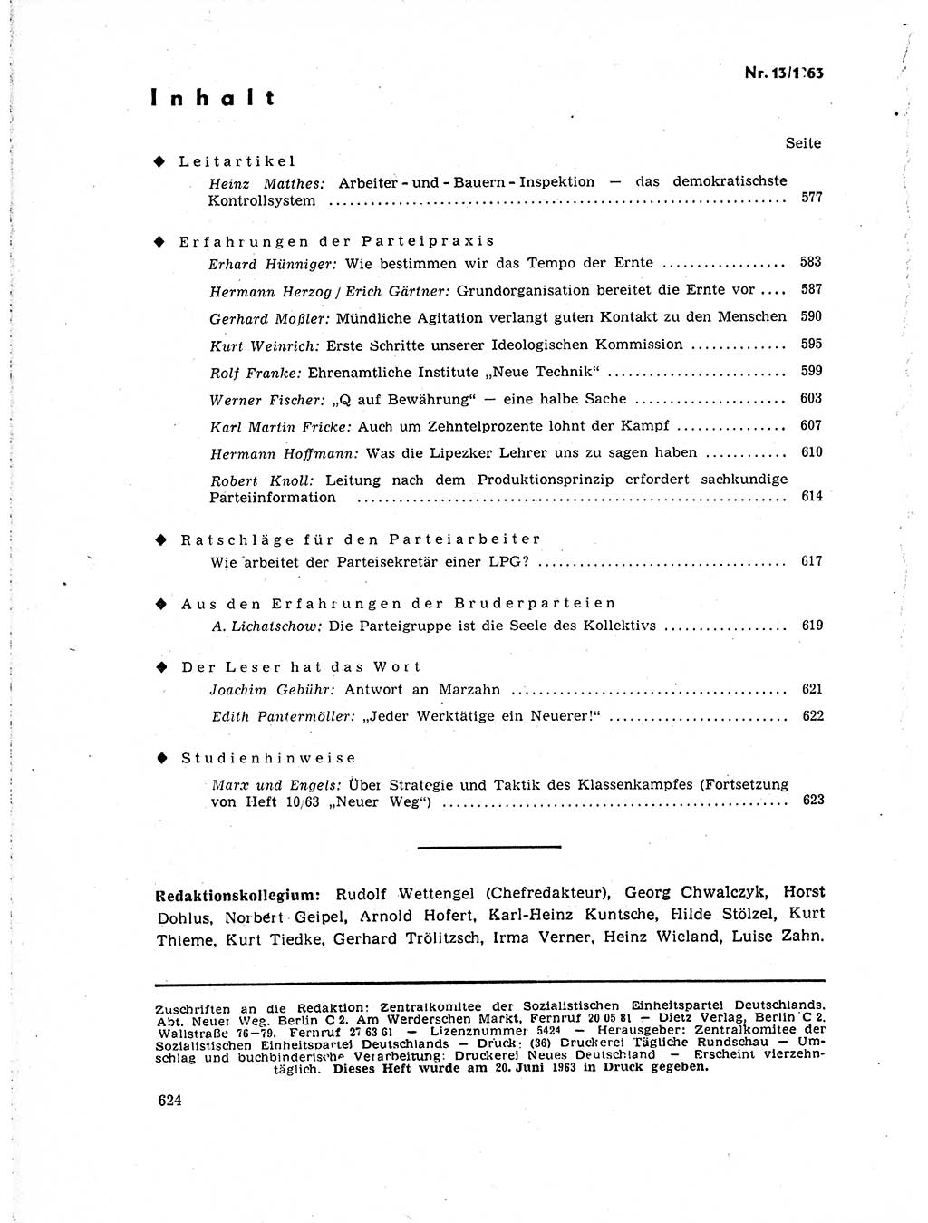 Neuer Weg (NW), Organ des Zentralkomitees (ZK) der SED (Sozialistische Einheitspartei Deutschlands) für Fragen des Parteilebens, 18. Jahrgang [Deutsche Demokratische Republik (DDR)] 1963, Seite 624 (NW ZK SED DDR 1963, S. 624)