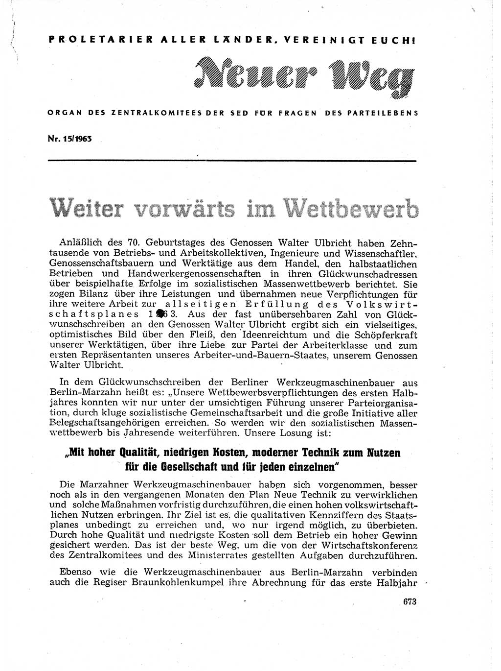 Neuer Weg (NW), Organ des Zentralkomitees (ZK) der SED (Sozialistische Einheitspartei Deutschlands) für Fragen des Parteilebens, 18. Jahrgang [Deutsche Demokratische Republik (DDR)] 1963, Seite 673 (NW ZK SED DDR 1963, S. 673)