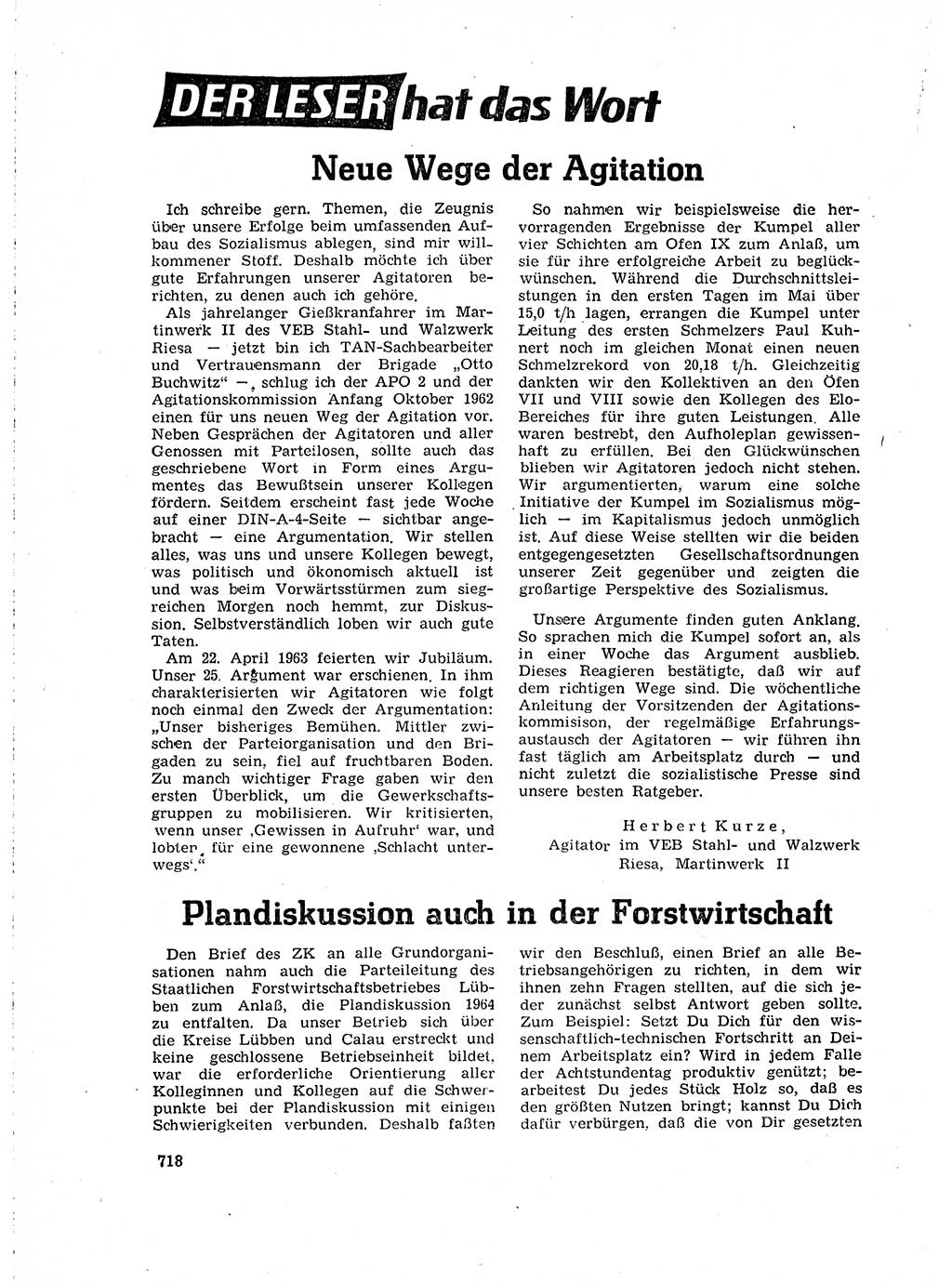 Neuer Weg (NW), Organ des Zentralkomitees (ZK) der SED (Sozialistische Einheitspartei Deutschlands) für Fragen des Parteilebens, 18. Jahrgang [Deutsche Demokratische Republik (DDR)] 1963, Seite 718 (NW ZK SED DDR 1963, S. 718)