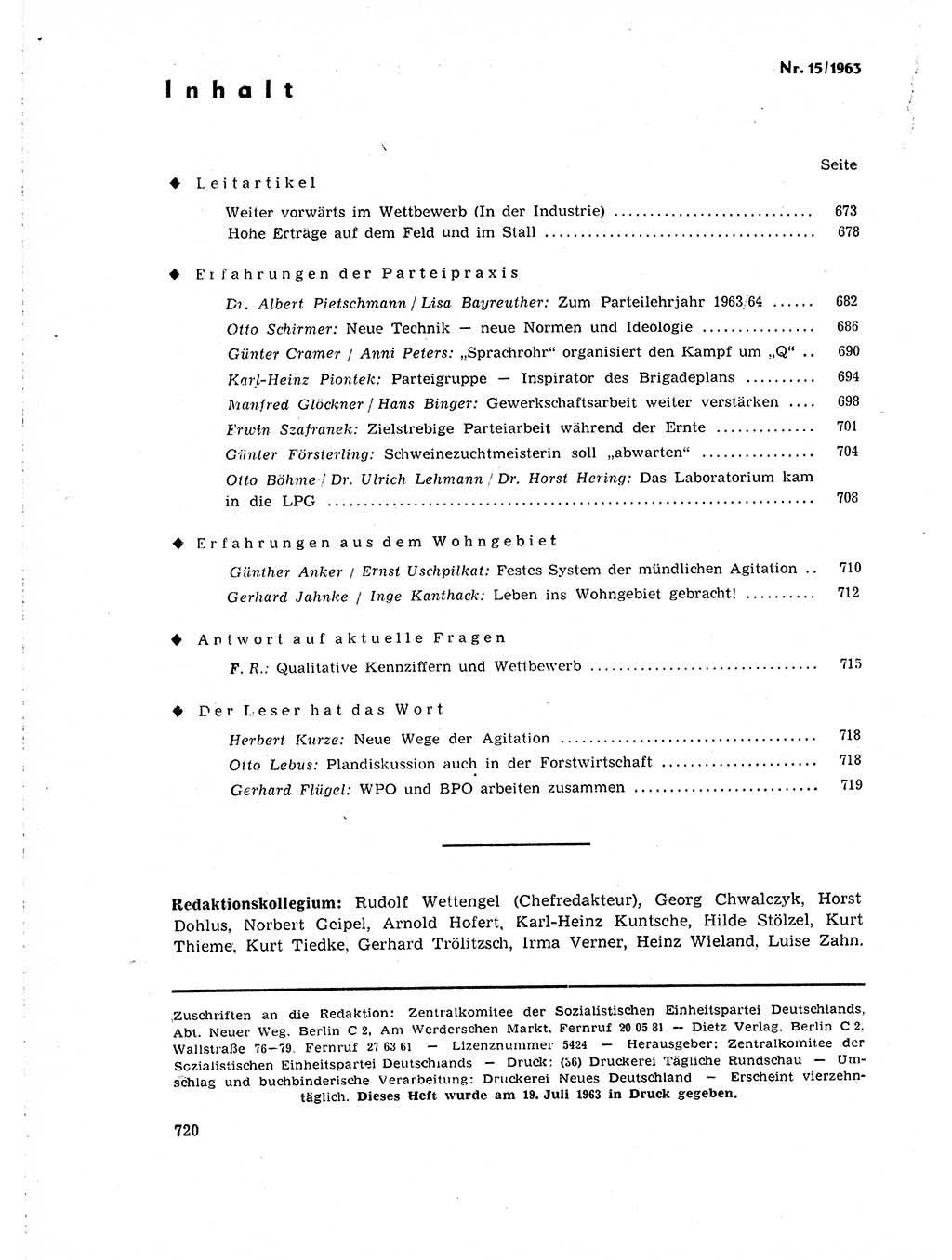 Neuer Weg (NW), Organ des Zentralkomitees (ZK) der SED (Sozialistische Einheitspartei Deutschlands) für Fragen des Parteilebens, 18. Jahrgang [Deutsche Demokratische Republik (DDR)] 1963, Seite 720 (NW ZK SED DDR 1963, S. 720)