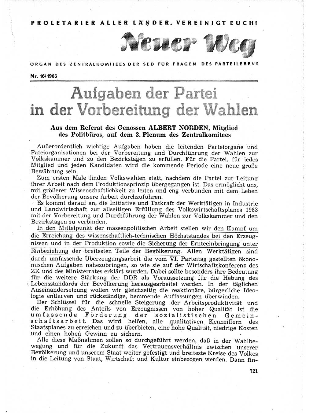 Neuer Weg (NW), Organ des Zentralkomitees (ZK) der SED (Sozialistische Einheitspartei Deutschlands) für Fragen des Parteilebens, 18. Jahrgang [Deutsche Demokratische Republik (DDR)] 1963, Seite 721 (NW ZK SED DDR 1963, S. 721)