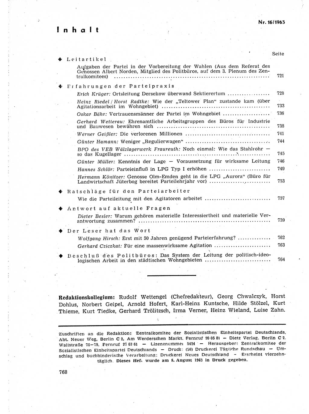 Neuer Weg (NW), Organ des Zentralkomitees (ZK) der SED (Sozialistische Einheitspartei Deutschlands) für Fragen des Parteilebens, 18. Jahrgang [Deutsche Demokratische Republik (DDR)] 1963, Seite 768 (NW ZK SED DDR 1963, S. 768)