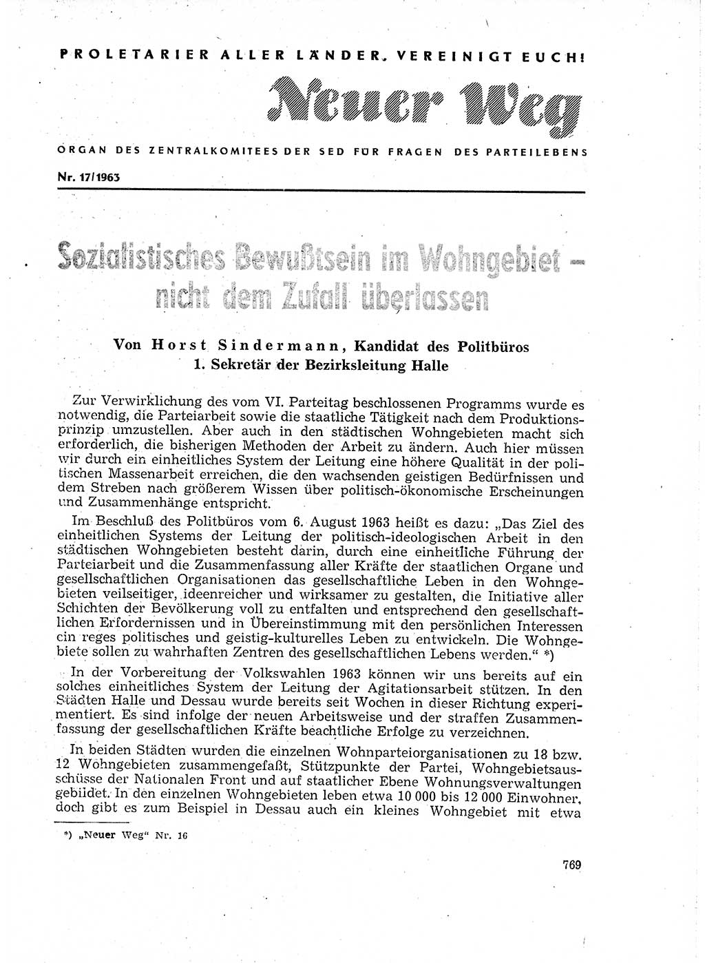 Neuer Weg (NW), Organ des Zentralkomitees (ZK) der SED (Sozialistische Einheitspartei Deutschlands) fÃ¼r Fragen des Parteilebens, 18. Jahrgang [Deutsche Demokratische Republik (DDR)] 1963, Seite 769 (NW ZK SED DDR 1963, S. 769)