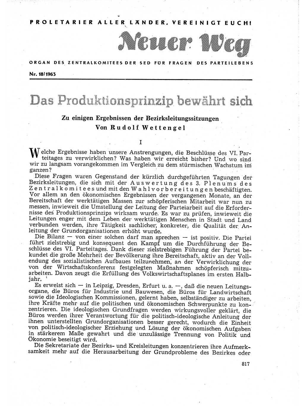 Neuer Weg (NW), Organ des Zentralkomitees (ZK) der SED (Sozialistische Einheitspartei Deutschlands) für Fragen des Parteilebens, 18. Jahrgang [Deutsche Demokratische Republik (DDR)] 1963, Seite 817 (NW ZK SED DDR 1963, S. 817)