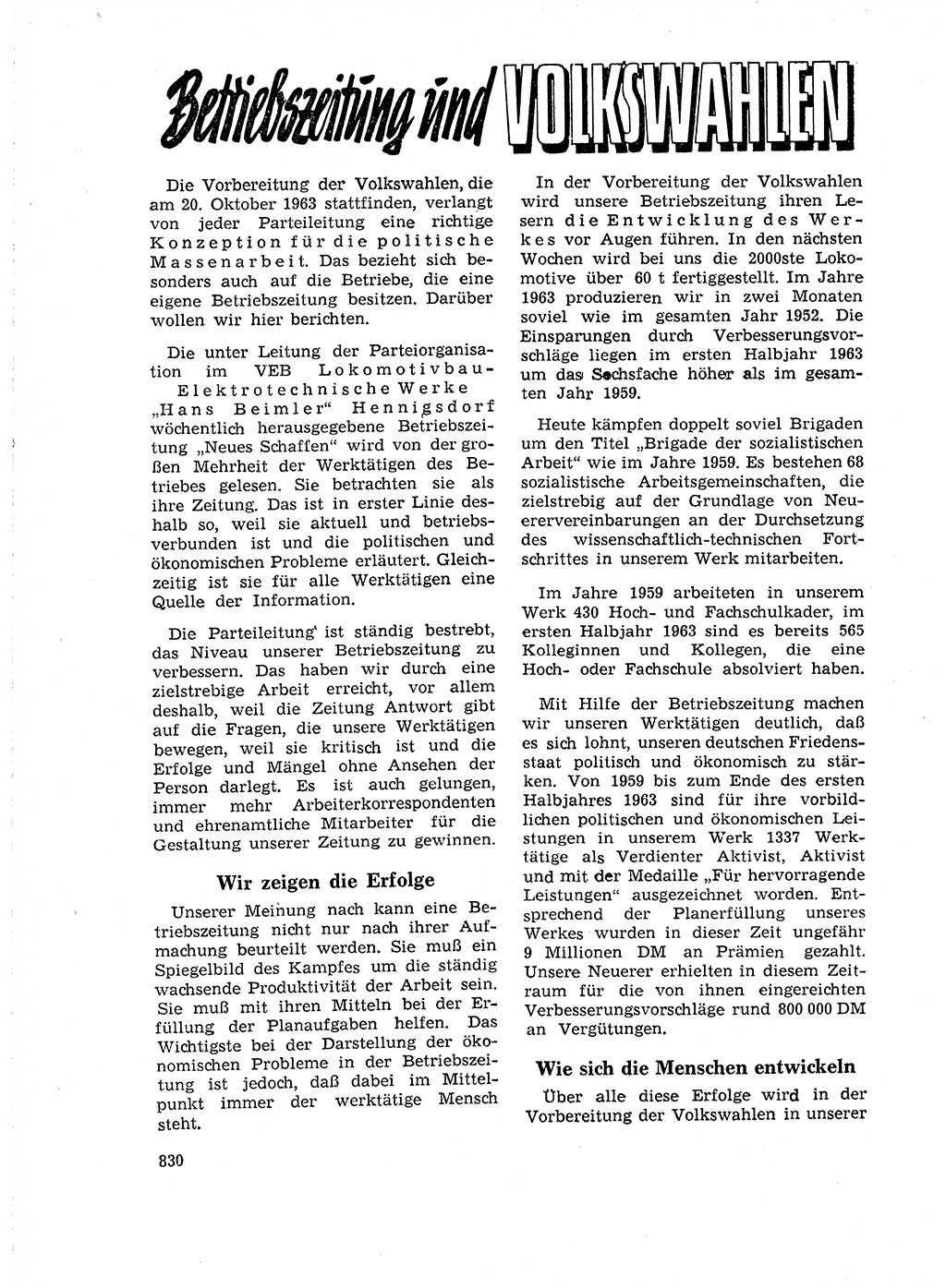 Neuer Weg (NW), Organ des Zentralkomitees (ZK) der SED (Sozialistische Einheitspartei Deutschlands) für Fragen des Parteilebens, 18. Jahrgang [Deutsche Demokratische Republik (DDR)] 1963, Seite 830 (NW ZK SED DDR 1963, S. 830)