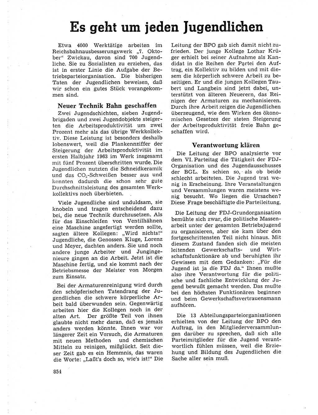 Neuer Weg (NW), Organ des Zentralkomitees (ZK) der SED (Sozialistische Einheitspartei Deutschlands) für Fragen des Parteilebens, 18. Jahrgang [Deutsche Demokratische Republik (DDR)] 1963, Seite 854 (NW ZK SED DDR 1963, S. 854)