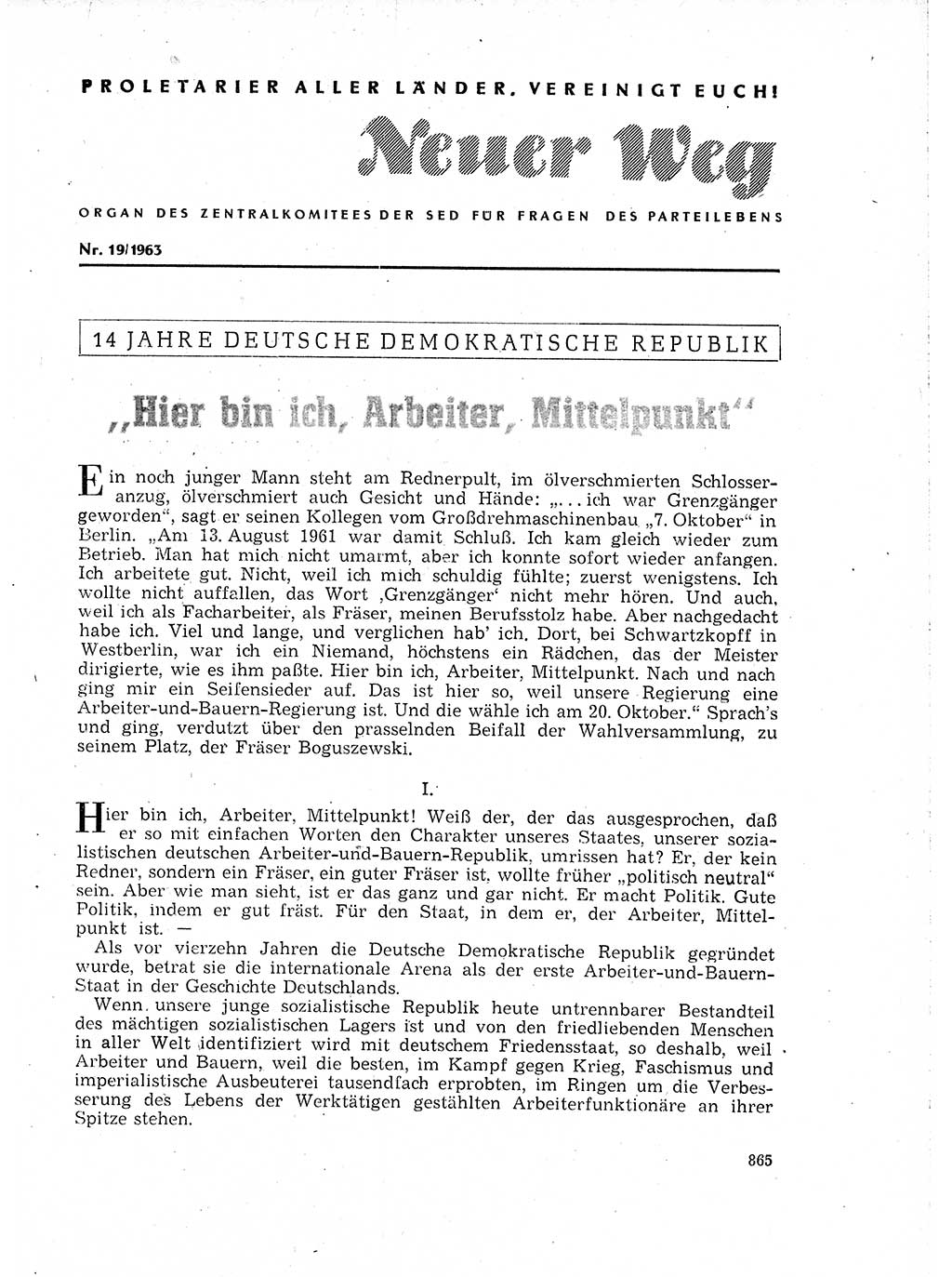 Neuer Weg (NW), Organ des Zentralkomitees (ZK) der SED (Sozialistische Einheitspartei Deutschlands) für Fragen des Parteilebens, 18. Jahrgang [Deutsche Demokratische Republik (DDR)] 1963, Seite 865 (NW ZK SED DDR 1963, S. 865)