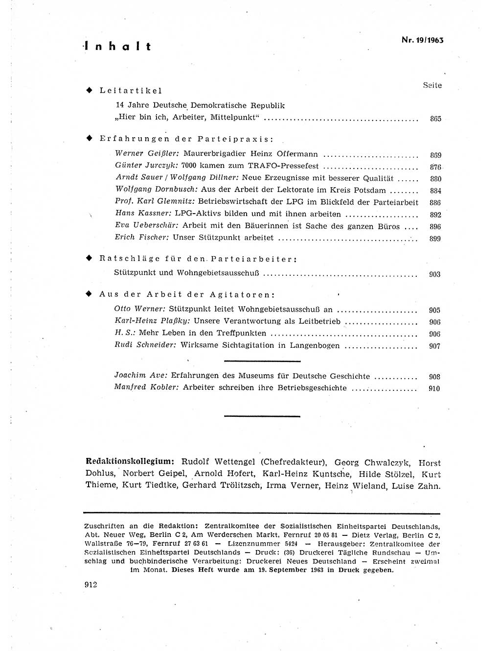 Neuer Weg (NW), Organ des Zentralkomitees (ZK) der SED (Sozialistische Einheitspartei Deutschlands) für Fragen des Parteilebens, 18. Jahrgang [Deutsche Demokratische Republik (DDR)] 1963, Seite 912 (NW ZK SED DDR 1963, S. 912)