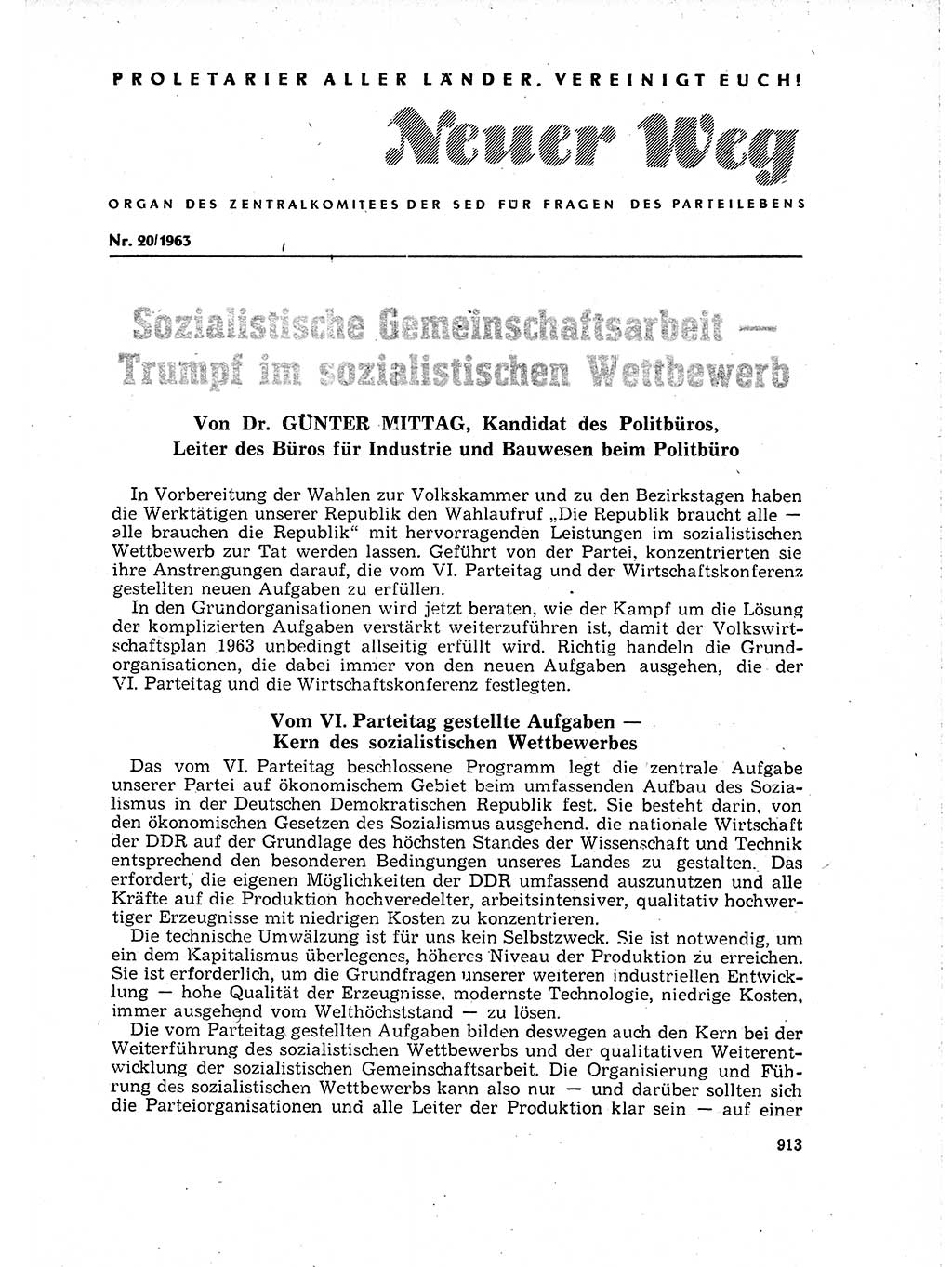 Neuer Weg (NW), Organ des Zentralkomitees (ZK) der SED (Sozialistische Einheitspartei Deutschlands) für Fragen des Parteilebens, 18. Jahrgang [Deutsche Demokratische Republik (DDR)] 1963, Seite 913 (NW ZK SED DDR 1963, S. 913)