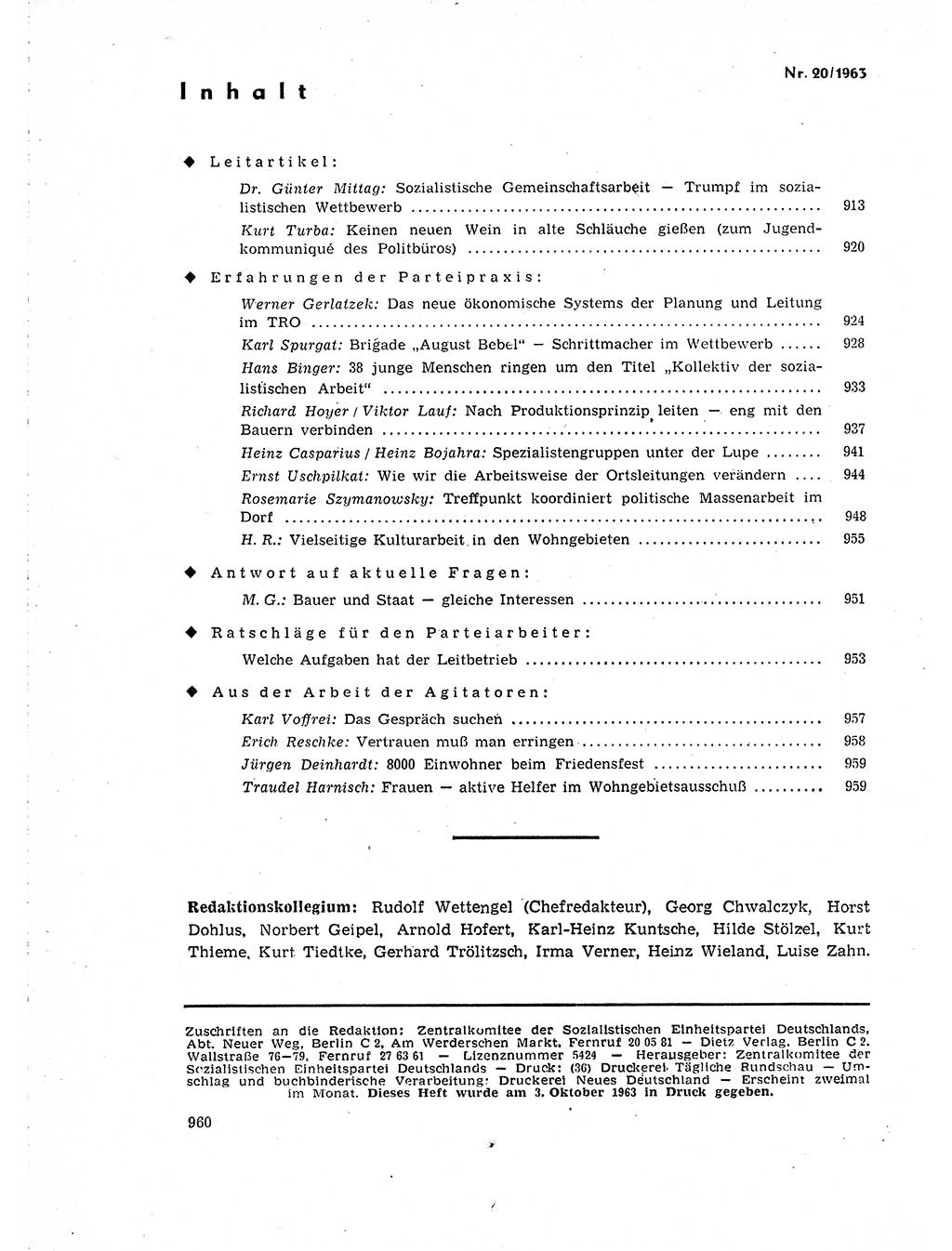 Neuer Weg (NW), Organ des Zentralkomitees (ZK) der SED (Sozialistische Einheitspartei Deutschlands) für Fragen des Parteilebens, 18. Jahrgang [Deutsche Demokratische Republik (DDR)] 1963, Seite 960 (NW ZK SED DDR 1963, S. 960)