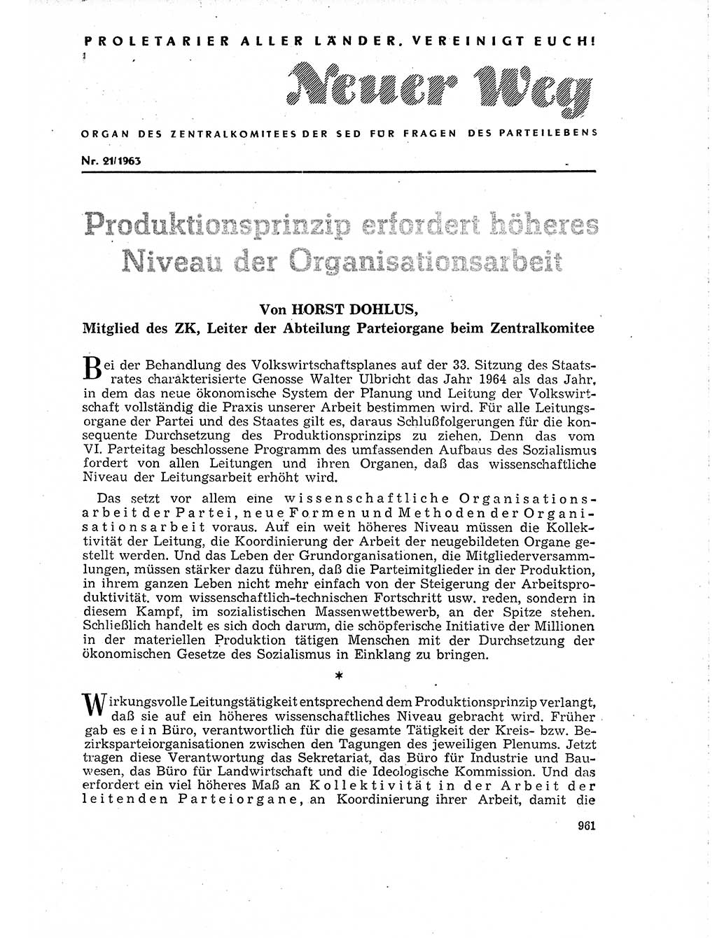 Neuer Weg (NW), Organ des Zentralkomitees (ZK) der SED (Sozialistische Einheitspartei Deutschlands) für Fragen des Parteilebens, 18. Jahrgang [Deutsche Demokratische Republik (DDR)] 1963, Seite 961 (NW ZK SED DDR 1963, S. 961)