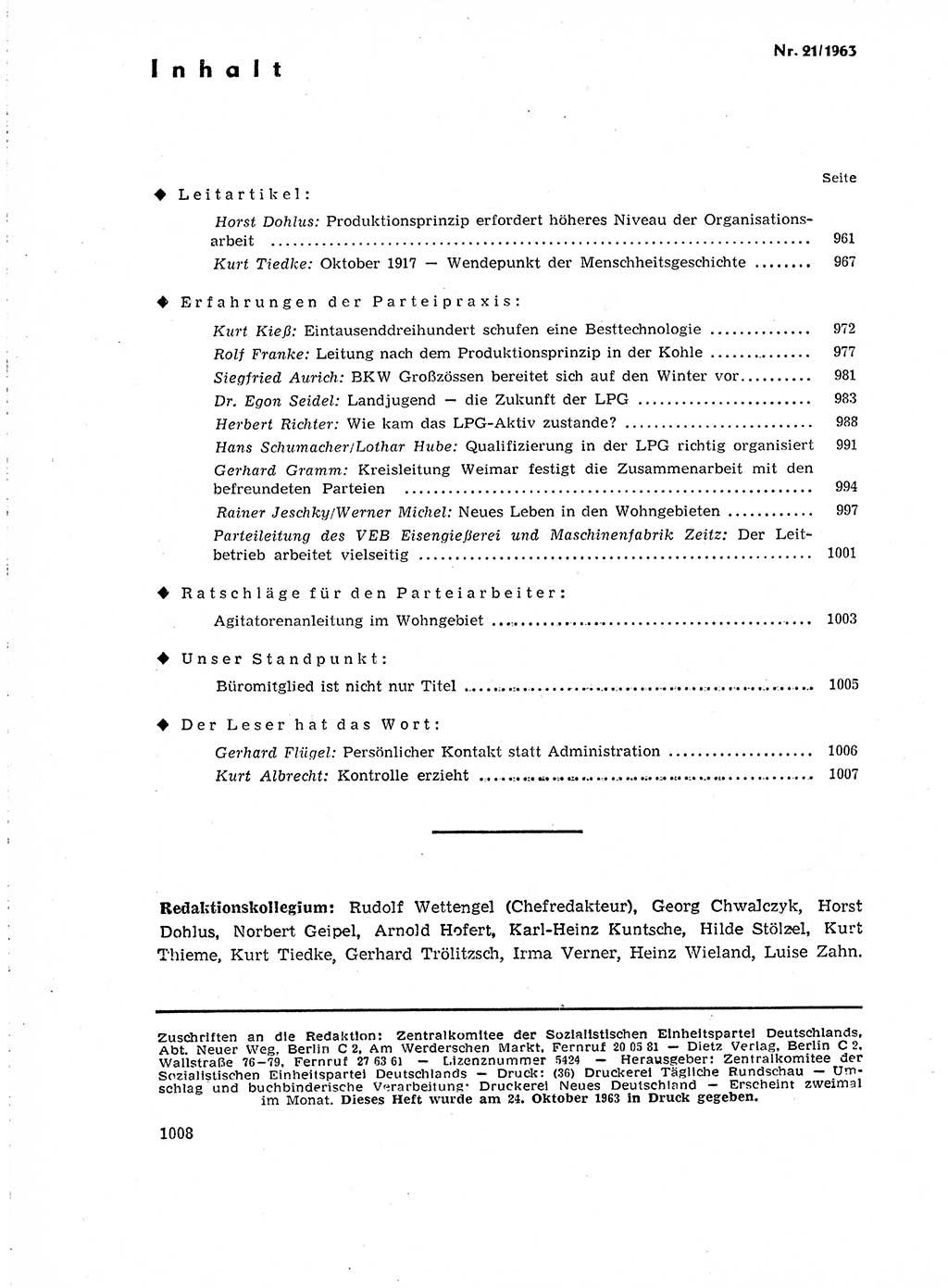 Neuer Weg (NW), Organ des Zentralkomitees (ZK) der SED (Sozialistische Einheitspartei Deutschlands) für Fragen des Parteilebens, 18. Jahrgang [Deutsche Demokratische Republik (DDR)] 1963, Seite 1008 (NW ZK SED DDR 1963, S. 1008)