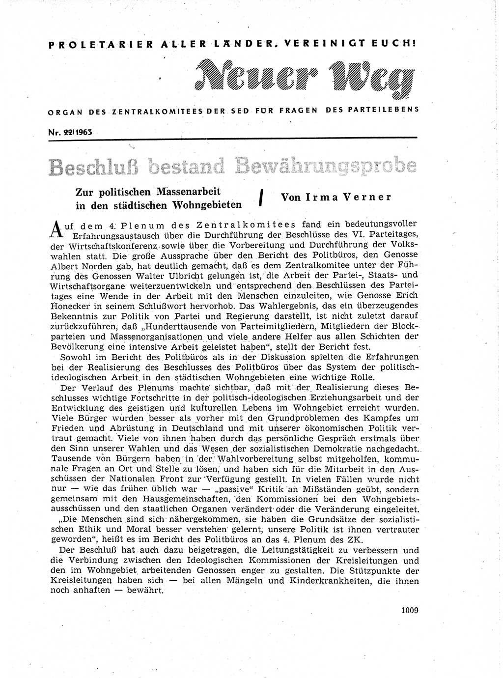 Neuer Weg (NW), Organ des Zentralkomitees (ZK) der SED (Sozialistische Einheitspartei Deutschlands) für Fragen des Parteilebens, 18. Jahrgang [Deutsche Demokratische Republik (DDR)] 1963, Seite 1009 (NW ZK SED DDR 1963, S. 1009)