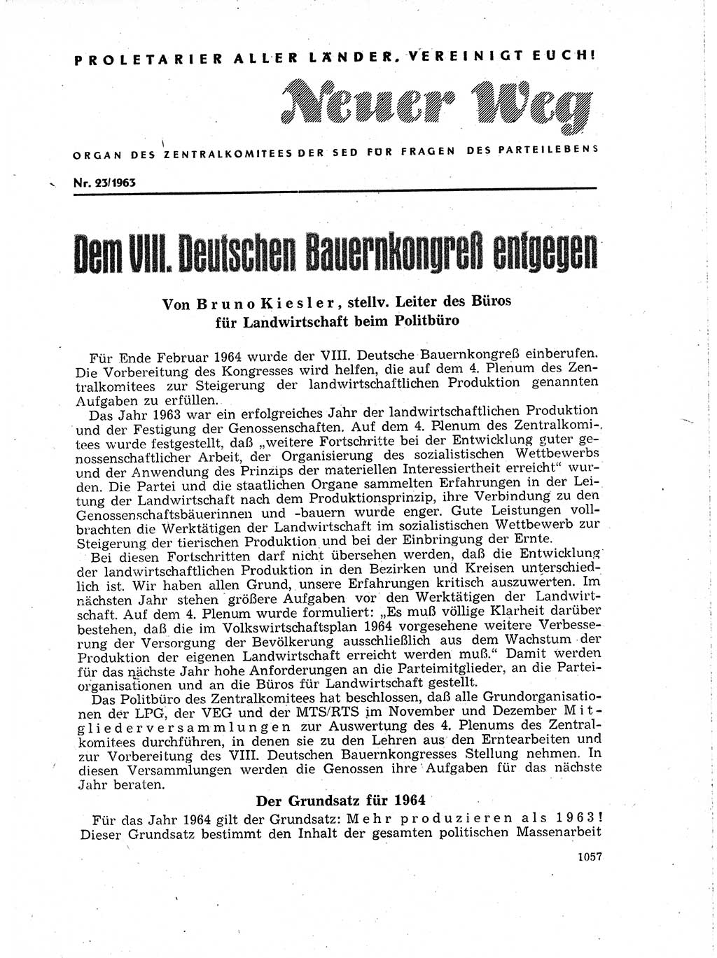 Neuer Weg (NW), Organ des Zentralkomitees (ZK) der SED (Sozialistische Einheitspartei Deutschlands) für Fragen des Parteilebens, 18. Jahrgang [Deutsche Demokratische Republik (DDR)] 1963, Seite 1057 (NW ZK SED DDR 1963, S. 1057)