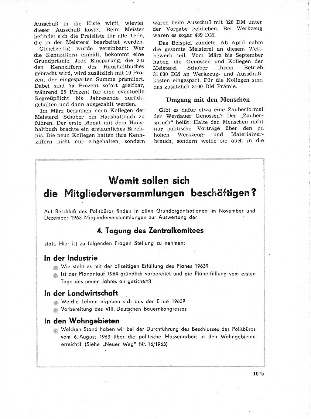 Neuer Weg (NW), Organ des Zentralkomitees (ZK) der SED (Sozialistische Einheitspartei Deutschlands) für Fragen des Parteilebens, 18. Jahrgang [Deutsche Demokratische Republik (DDR)] 1963, Seite 1075 (NW ZK SED DDR 1963, S. 1075)