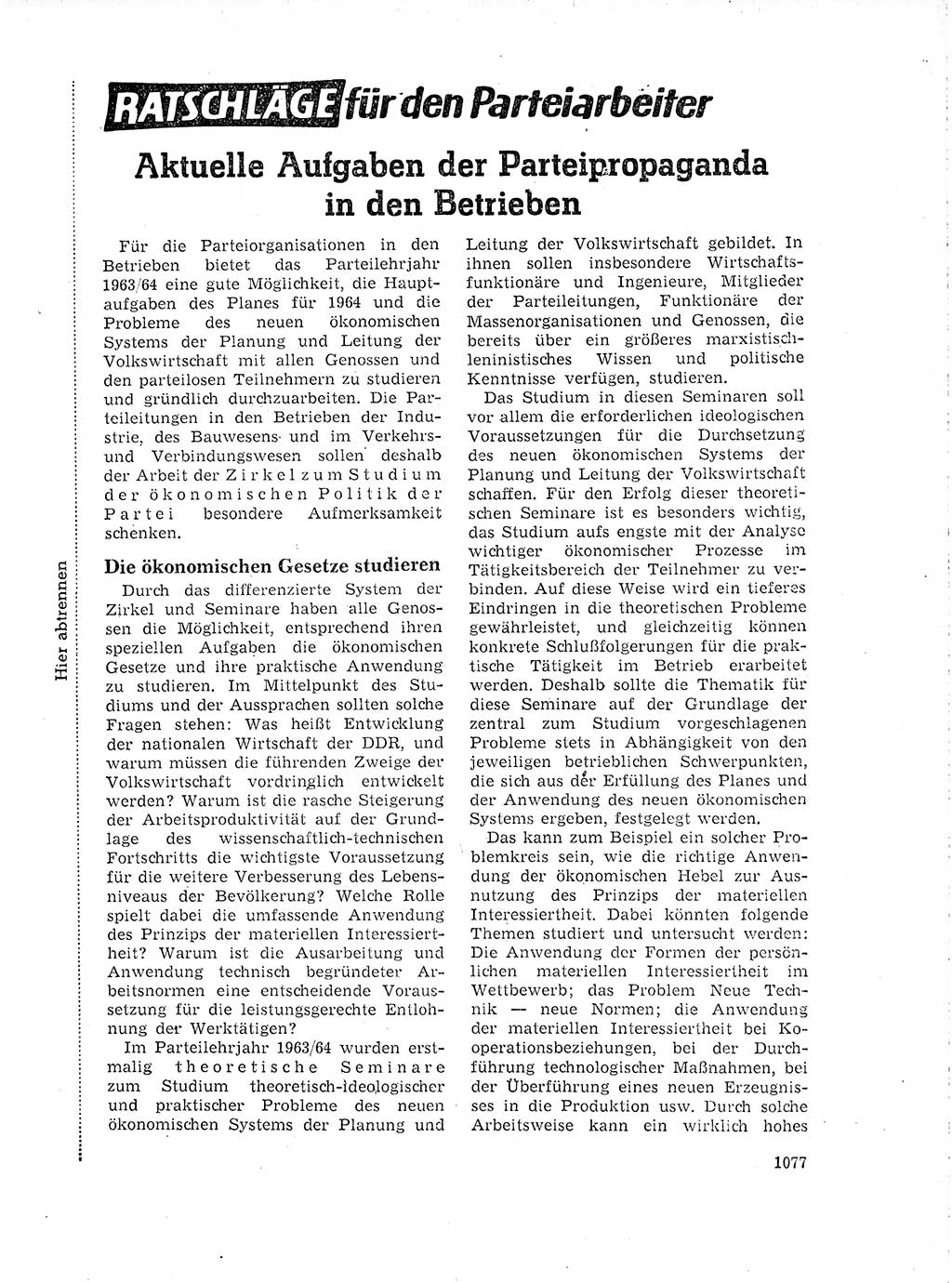 Neuer Weg (NW), Organ des Zentralkomitees (ZK) der SED (Sozialistische Einheitspartei Deutschlands) für Fragen des Parteilebens, 18. Jahrgang [Deutsche Demokratische Republik (DDR)] 1963, Seite 1077 (NW ZK SED DDR 1963, S. 1077)