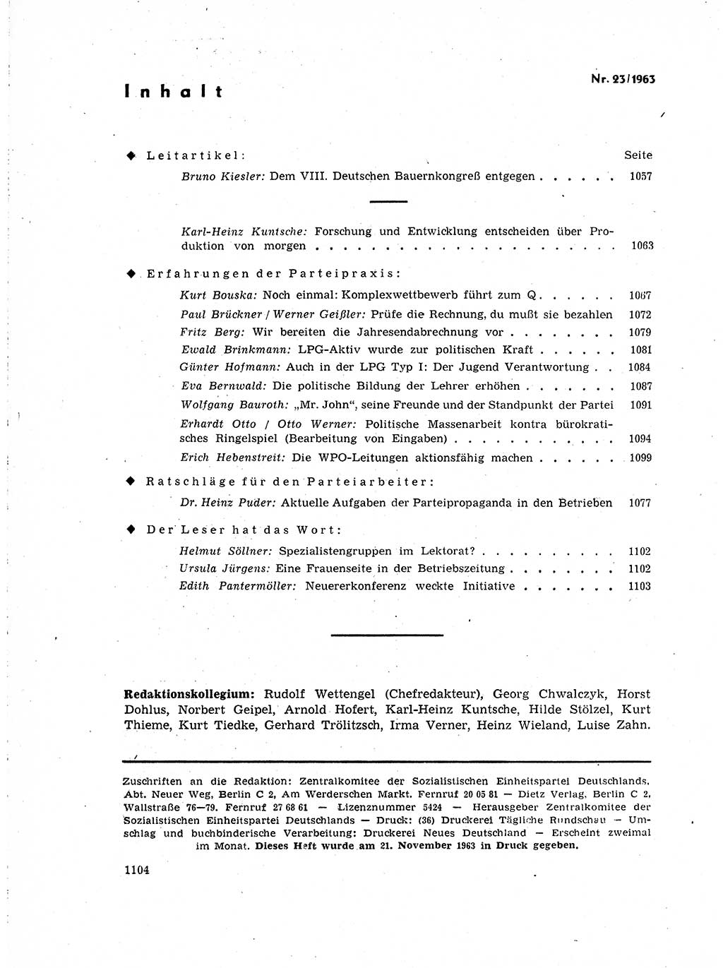 Neuer Weg (NW), Organ des Zentralkomitees (ZK) der SED (Sozialistische Einheitspartei Deutschlands) für Fragen des Parteilebens, 18. Jahrgang [Deutsche Demokratische Republik (DDR)] 1963, Seite 1104 (NW ZK SED DDR 1963, S. 1104)