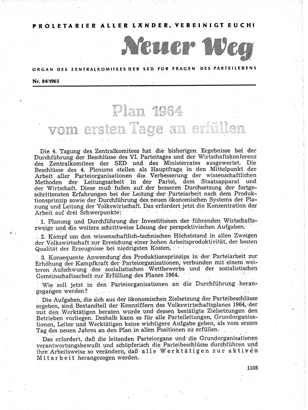 Neuer Weg (NW), Organ des Zentralkomitees (ZK) der SED (Sozialistische Einheitspartei Deutschlands) für Fragen des Parteilebens, 18. Jahrgang [Deutsche Demokratische Republik (DDR)] 1963, Seite 1105 (NW ZK SED DDR 1963, S. 1105)