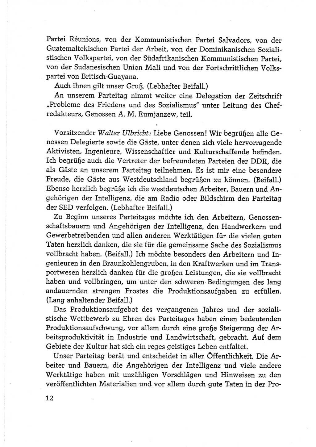 Protokoll der Verhandlungen des Ⅵ. Parteitages der Sozialistischen Einheitspartei Deutschlands (SED) [Deutsche Demokratische Republik (DDR)] 1963, Band Ⅰ, Seite 12 (Prot. Verh. Ⅵ. PT SED DDR 1963, Bd. Ⅰ, S. 12)