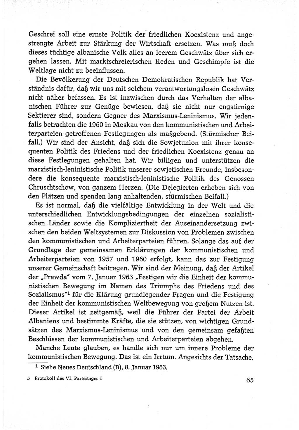 Protokoll der Verhandlungen des Ⅵ. Parteitages der Sozialistischen Einheitspartei Deutschlands (SED) [Deutsche Demokratische Republik (DDR)] 1963, Band Ⅰ, Seite 65 (Prot. Verh. Ⅵ. PT SED DDR 1963, Bd. Ⅰ, S. 65)