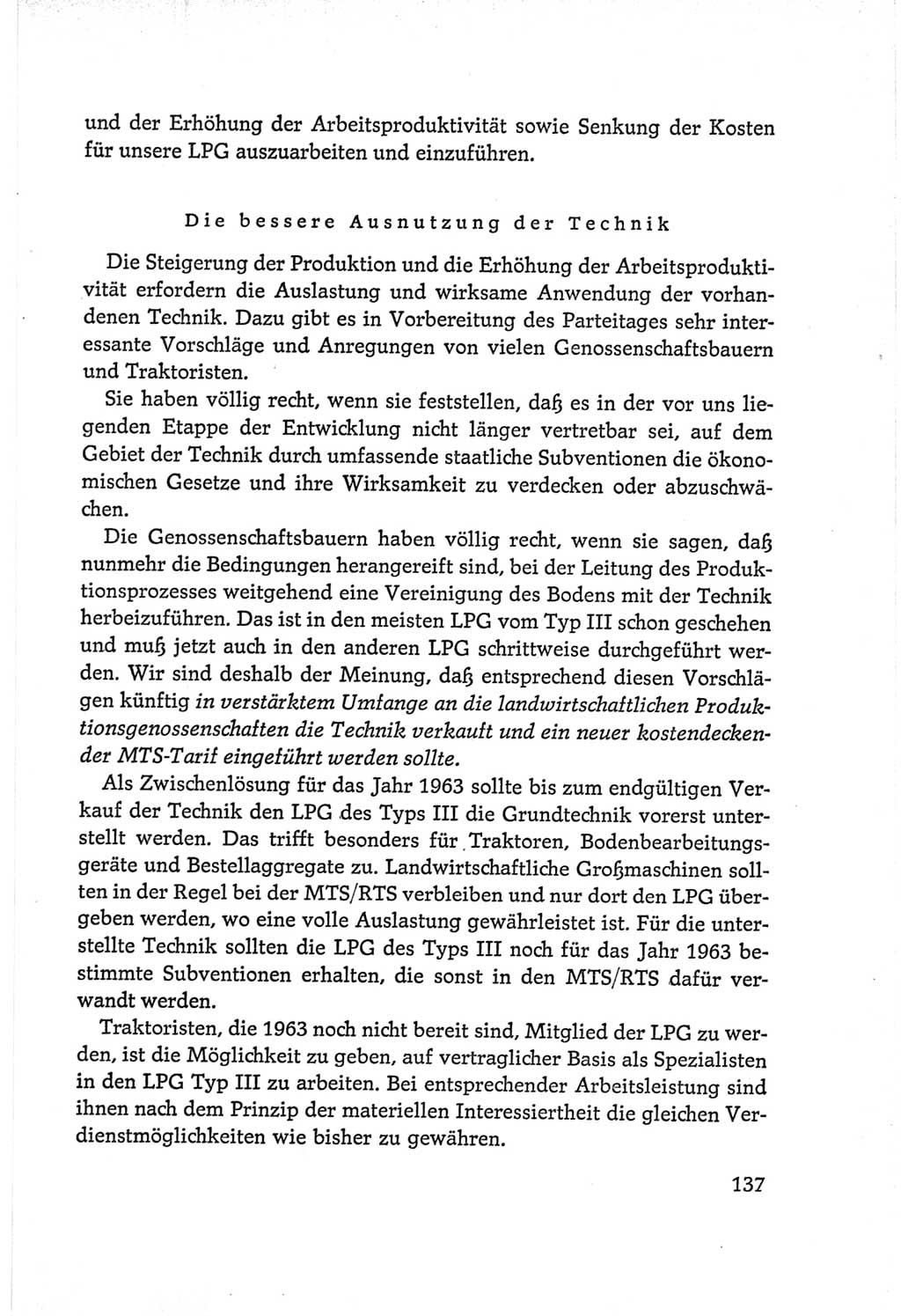 Protokoll der Verhandlungen des Ⅵ. Parteitages der Sozialistischen Einheitspartei Deutschlands (SED) [Deutsche Demokratische Republik (DDR)] 1963, Band Ⅰ, Seite 137 (Prot. Verh. Ⅵ. PT SED DDR 1963, Bd. Ⅰ, S. 137)
