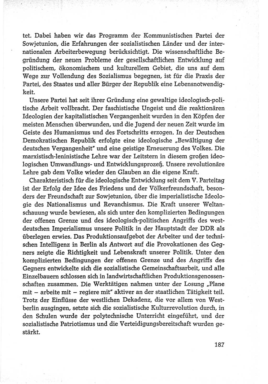 Protokoll der Verhandlungen des Ⅵ. Parteitages der Sozialistischen Einheitspartei Deutschlands (SED) [Deutsche Demokratische Republik (DDR)] 1963, Band Ⅰ, Seite 187 (Prot. Verh. Ⅵ. PT SED DDR 1963, Bd. Ⅰ, S. 187)
