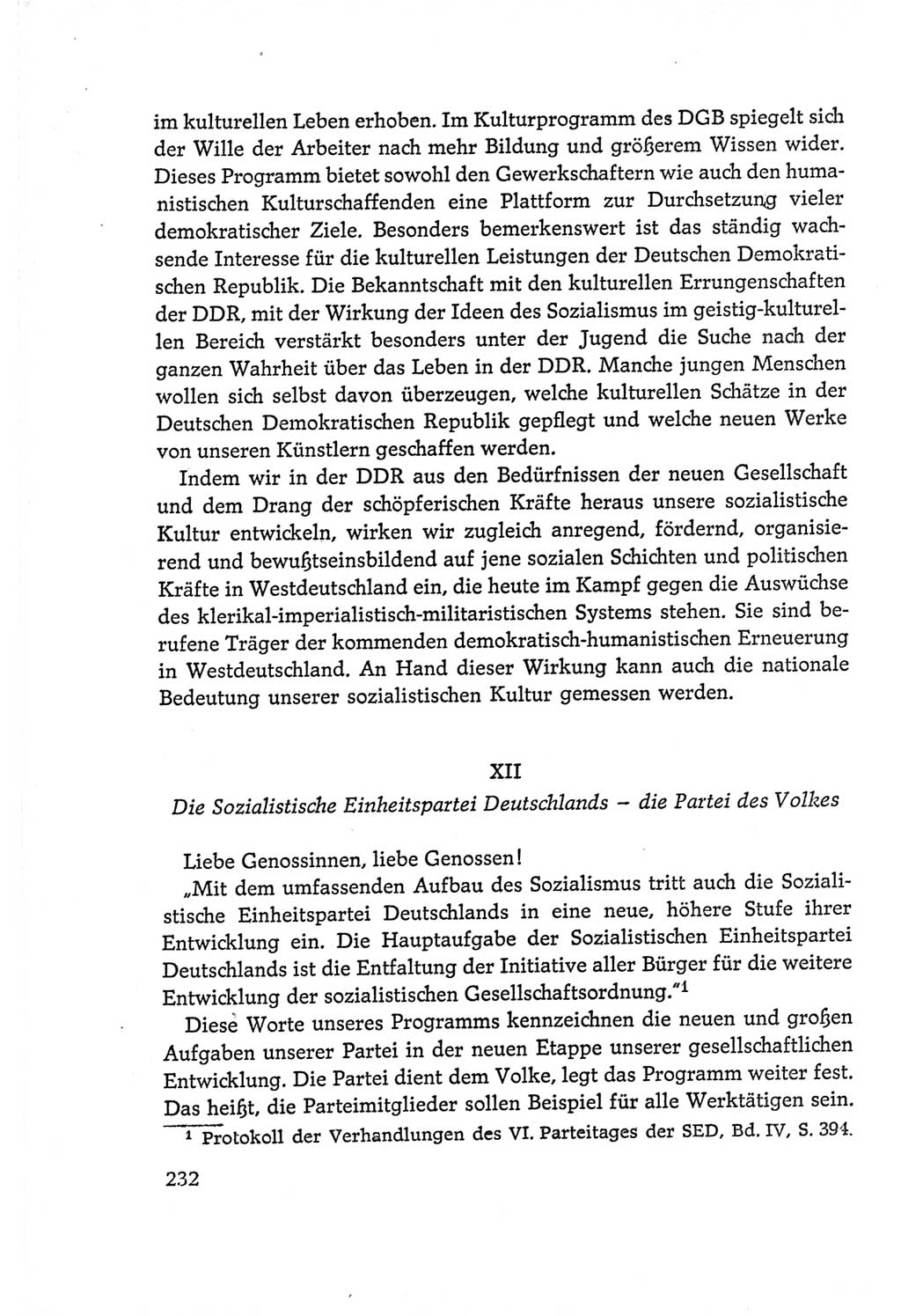 Protokoll der Verhandlungen des Ⅵ. Parteitages der Sozialistischen Einheitspartei Deutschlands (SED) [Deutsche Demokratische Republik (DDR)] 1963, Band Ⅰ, Seite 232 (Prot. Verh. Ⅵ. PT SED DDR 1963, Bd. Ⅰ, S. 232)