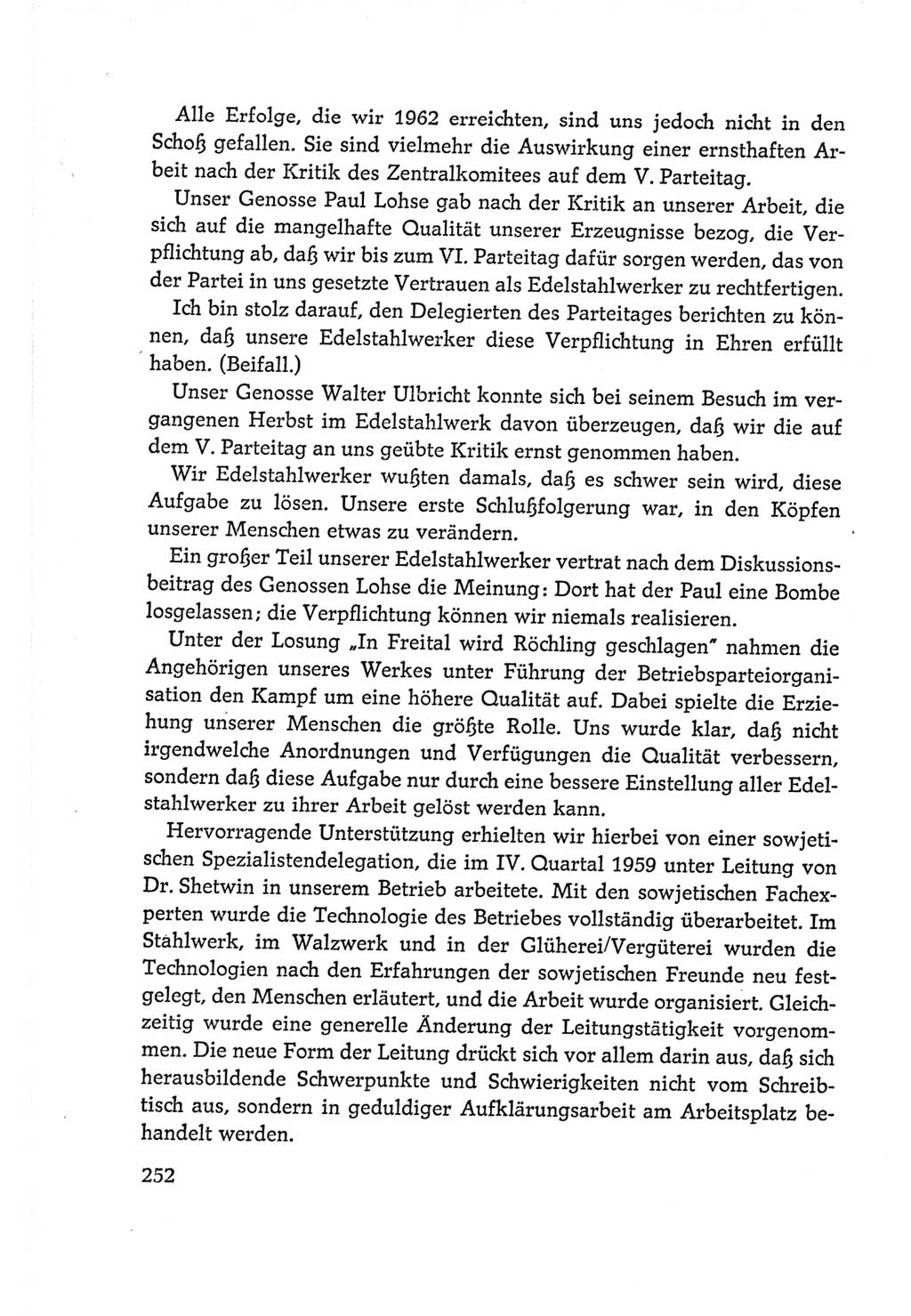 Protokoll der Verhandlungen des Ⅵ. Parteitages der Sozialistischen Einheitspartei Deutschlands (SED) [Deutsche Demokratische Republik (DDR)] 1963, Band Ⅰ, Seite 252 (Prot. Verh. Ⅵ. PT SED DDR 1963, Bd. Ⅰ, S. 252)