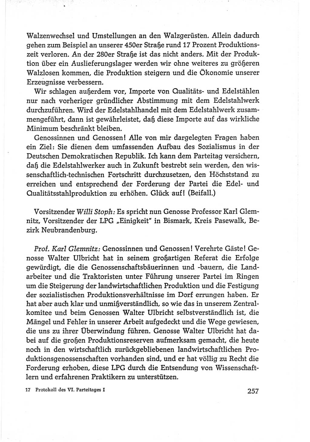 Protokoll der Verhandlungen des Ⅵ. Parteitages der Sozialistischen Einheitspartei Deutschlands (SED) [Deutsche Demokratische Republik (DDR)] 1963, Band Ⅰ, Seite 257 (Prot. Verh. Ⅵ. PT SED DDR 1963, Bd. Ⅰ, S. 257)