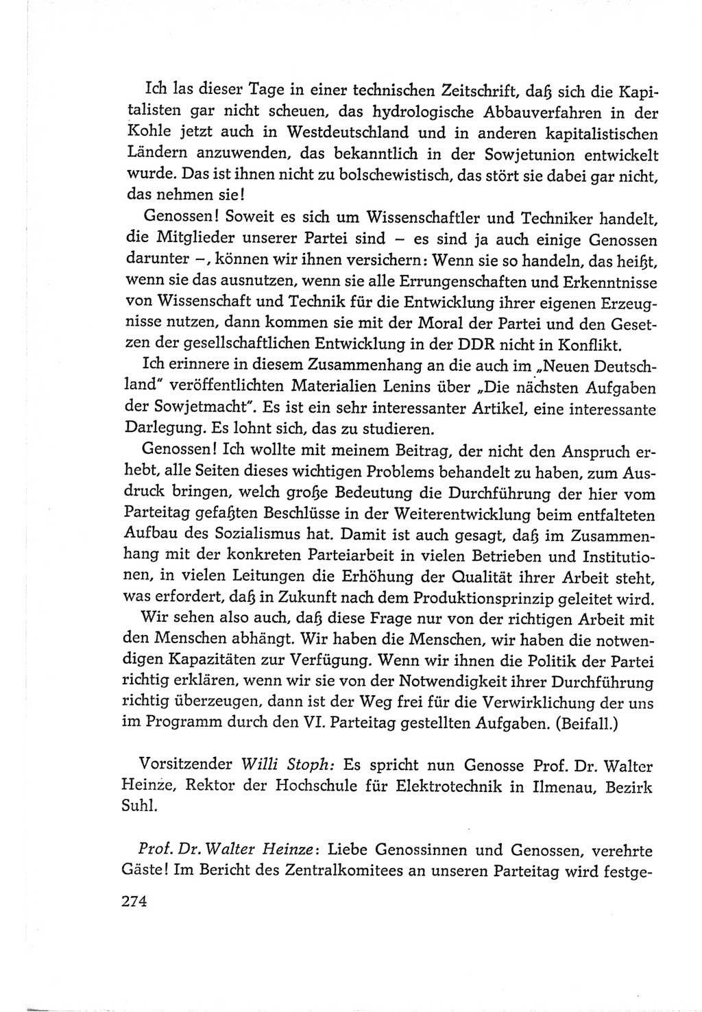 Protokoll der Verhandlungen des Ⅵ. Parteitages der Sozialistischen Einheitspartei Deutschlands (SED) [Deutsche Demokratische Republik (DDR)] 1963, Band Ⅰ, Seite 274 (Prot. Verh. Ⅵ. PT SED DDR 1963, Bd. Ⅰ, S. 274)